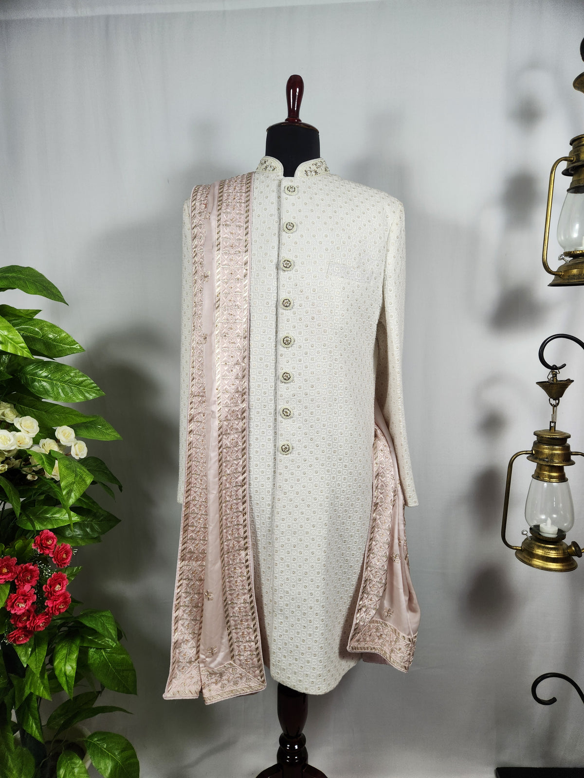 Pink Groom Shawl - Golden Sequin Work | Stole For Men