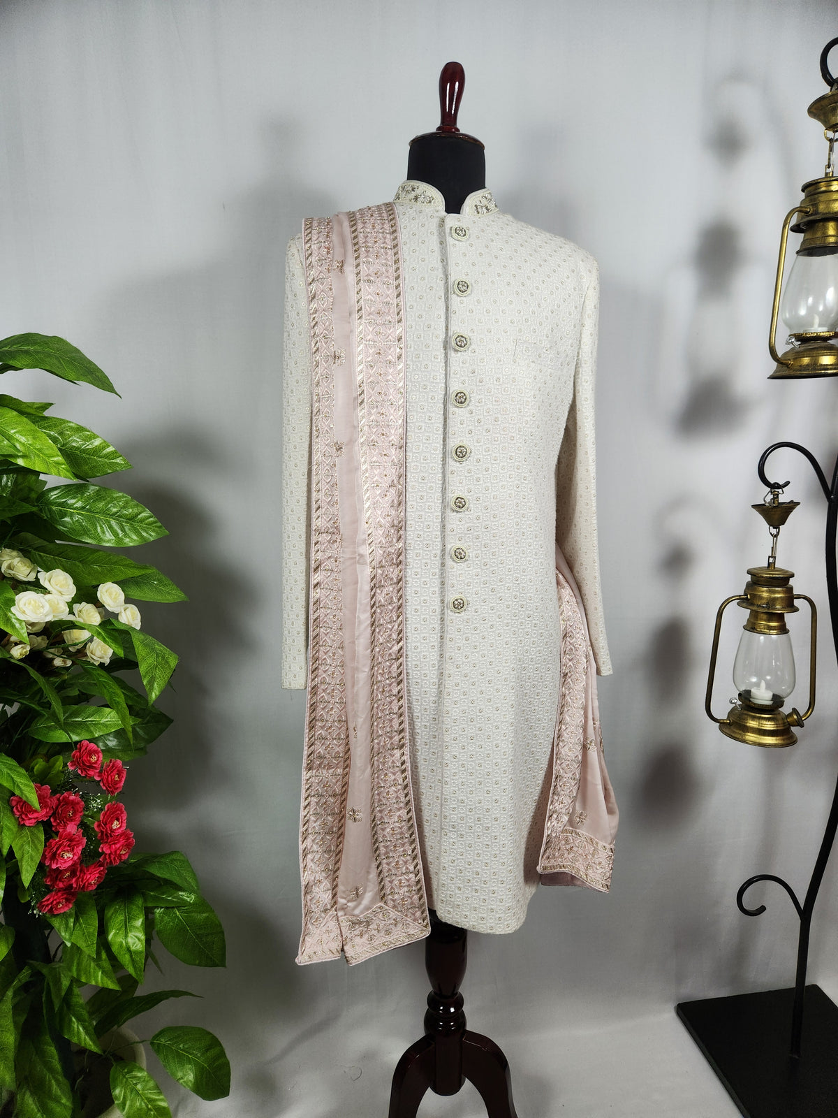 Pink Groom Shawl - Golden Sequin Work | Stole For Men