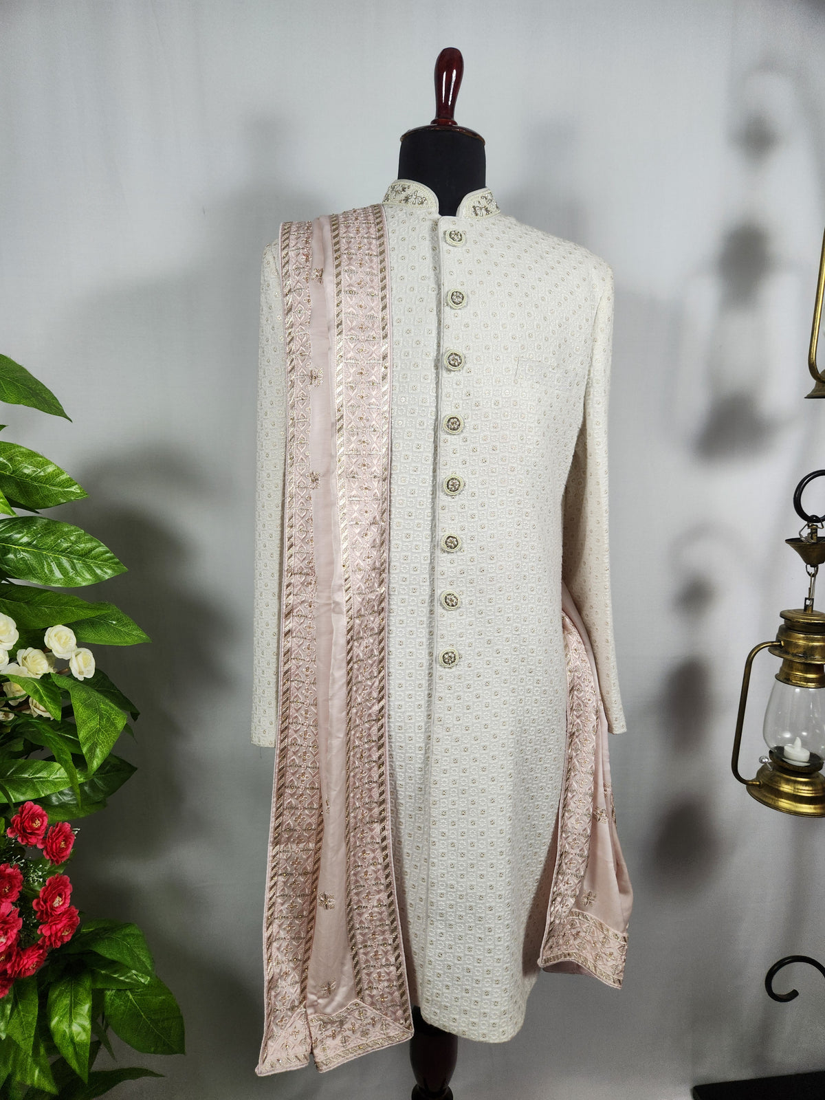 Pink Groom Shawl - Golden Sequin Work | Stole For Men