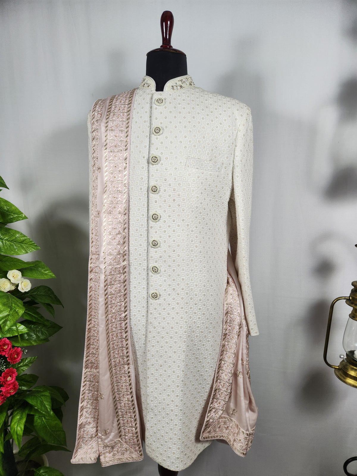 Pink Groom Shawl - Golden Sequin Work | Stole For Men