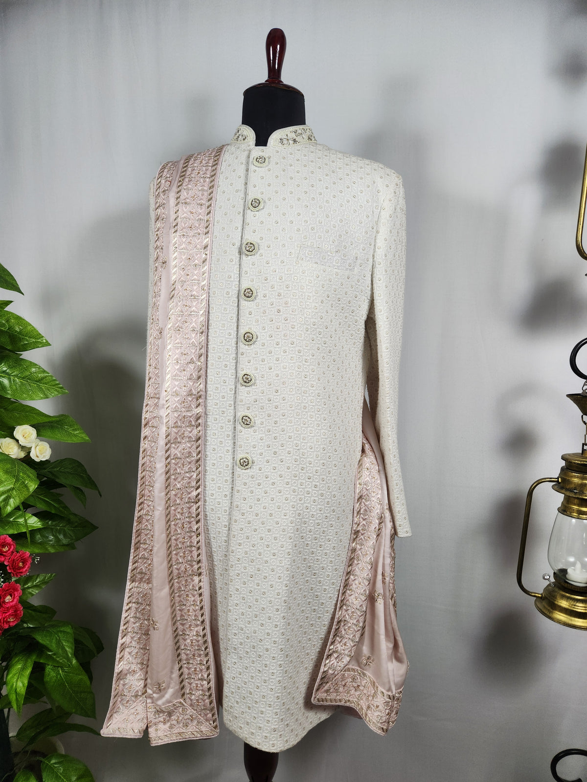 Pink Groom Shawl - Golden Sequin Work | Stole For Men