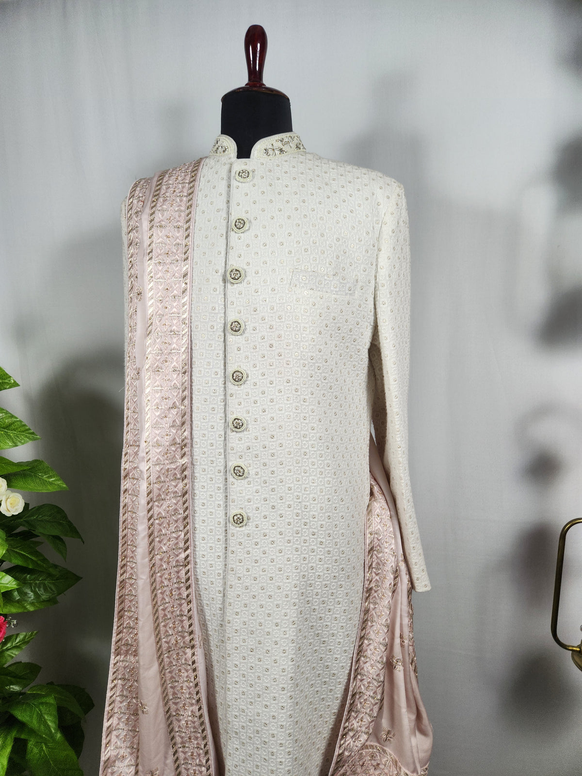 Pink Groom Shawl - Golden Sequin Work | Stole For Men