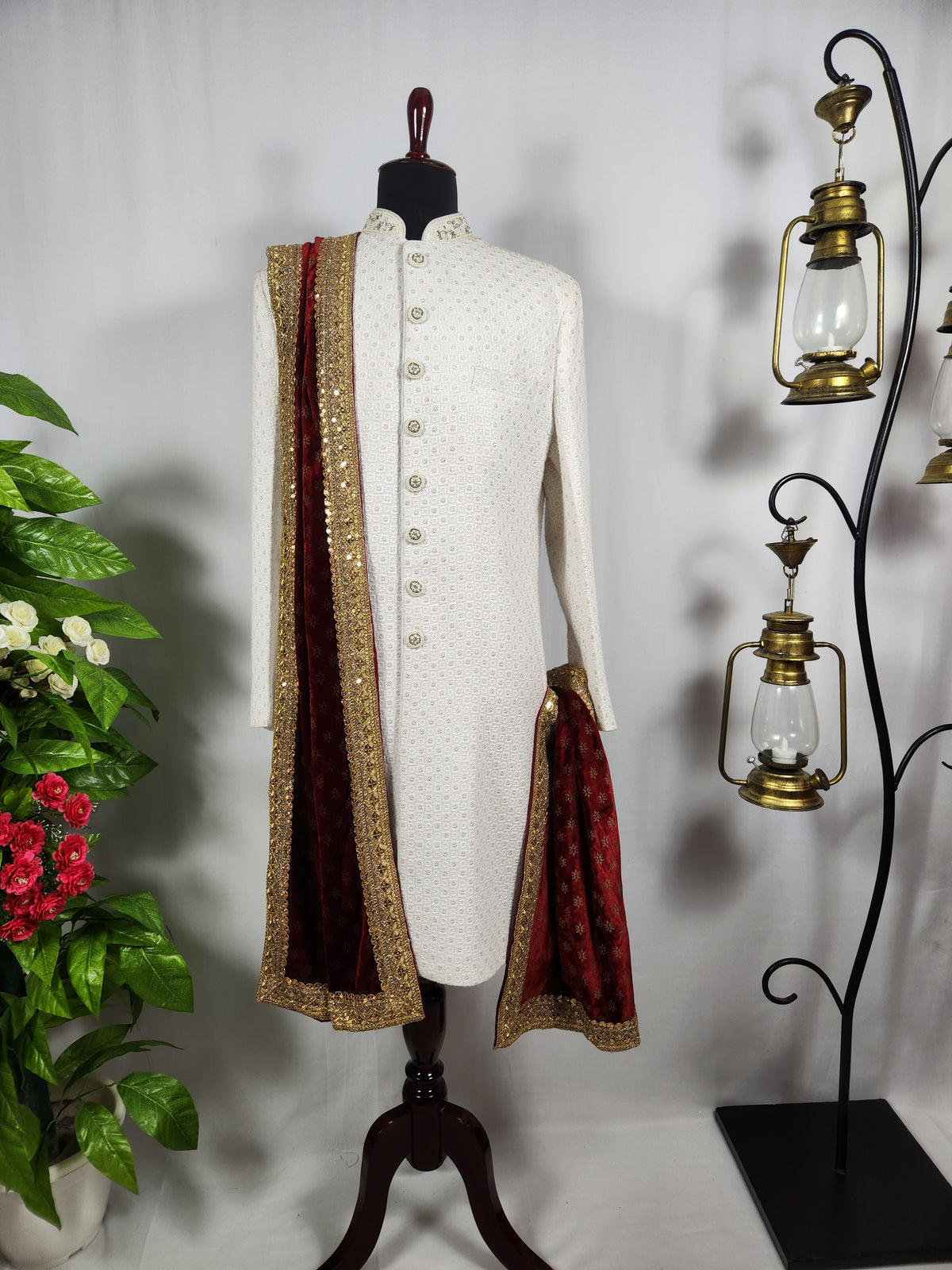 Red Groom Shawl - Embroidered Sherwani Stole with Golden Border