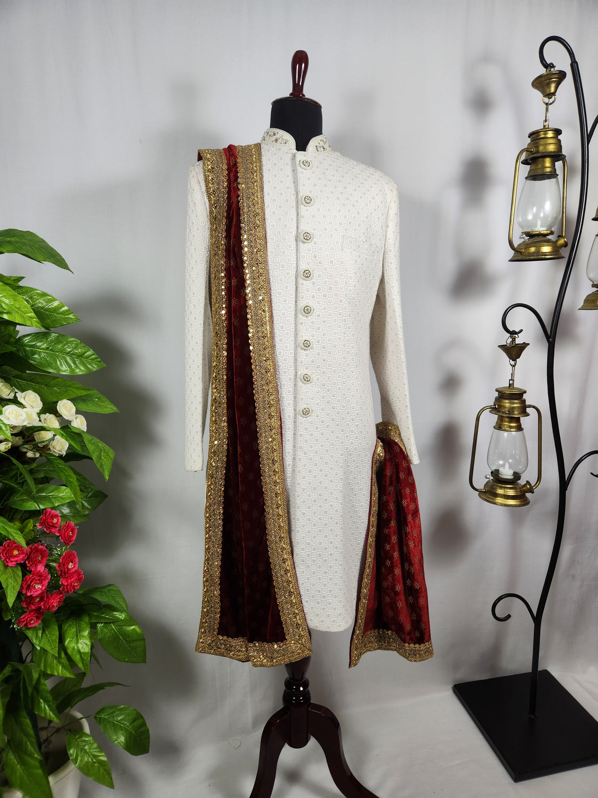 Red Groom Shawl - Embroidered Sherwani Stole with Golden Border