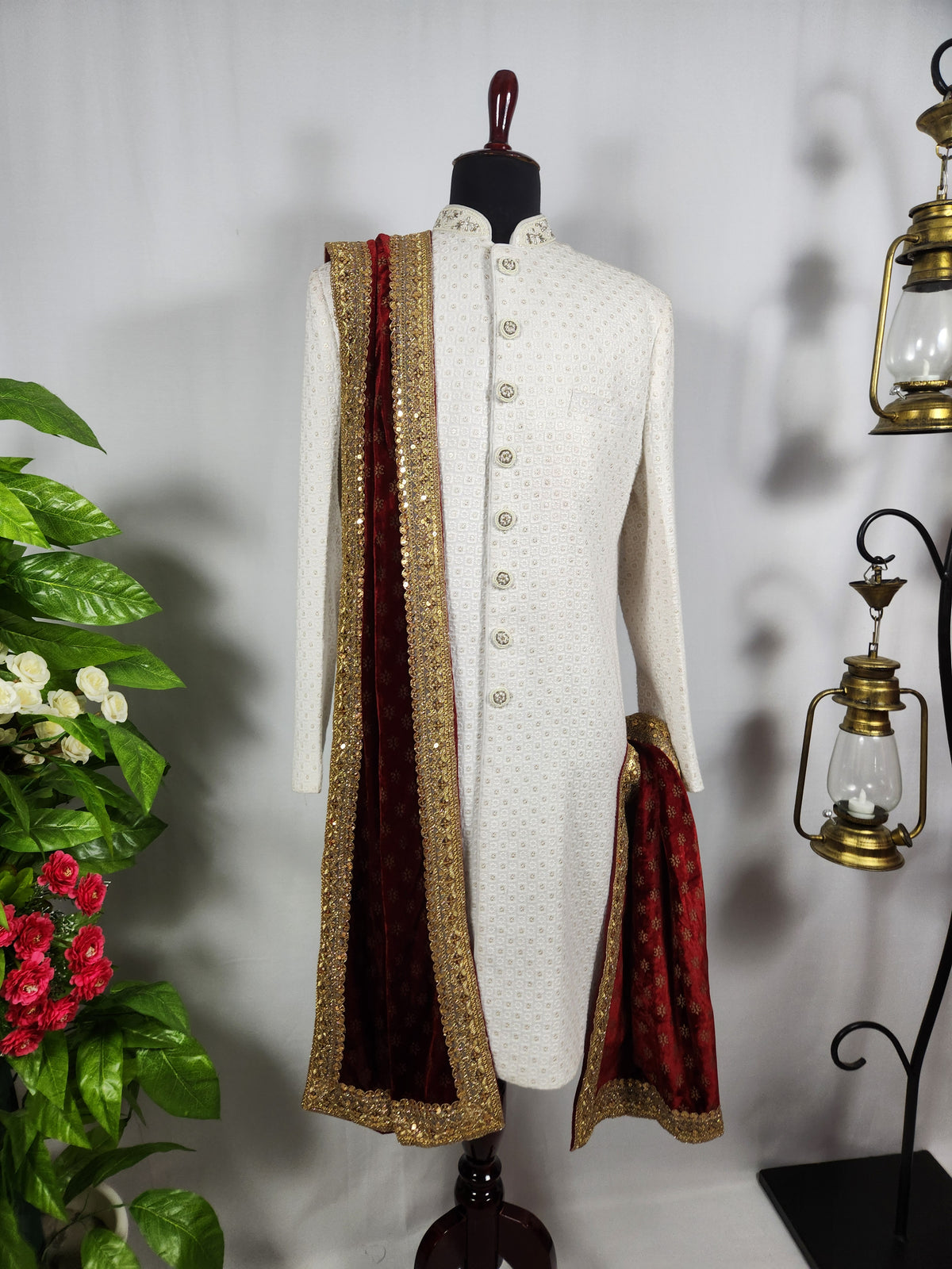 Red Groom Shawl - Embroidered Sherwani Stole with Golden Border