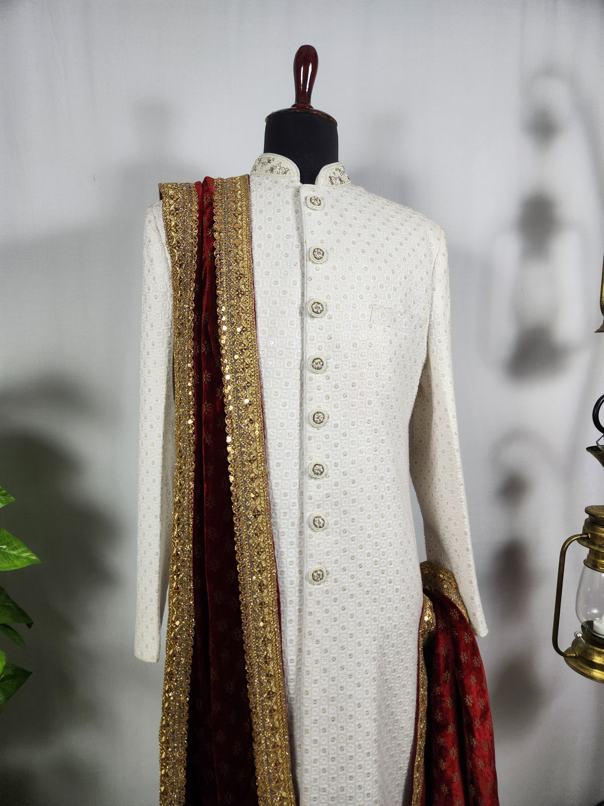 Red Groom Shawl - Embroidered Sherwani Stole with Golden Border
