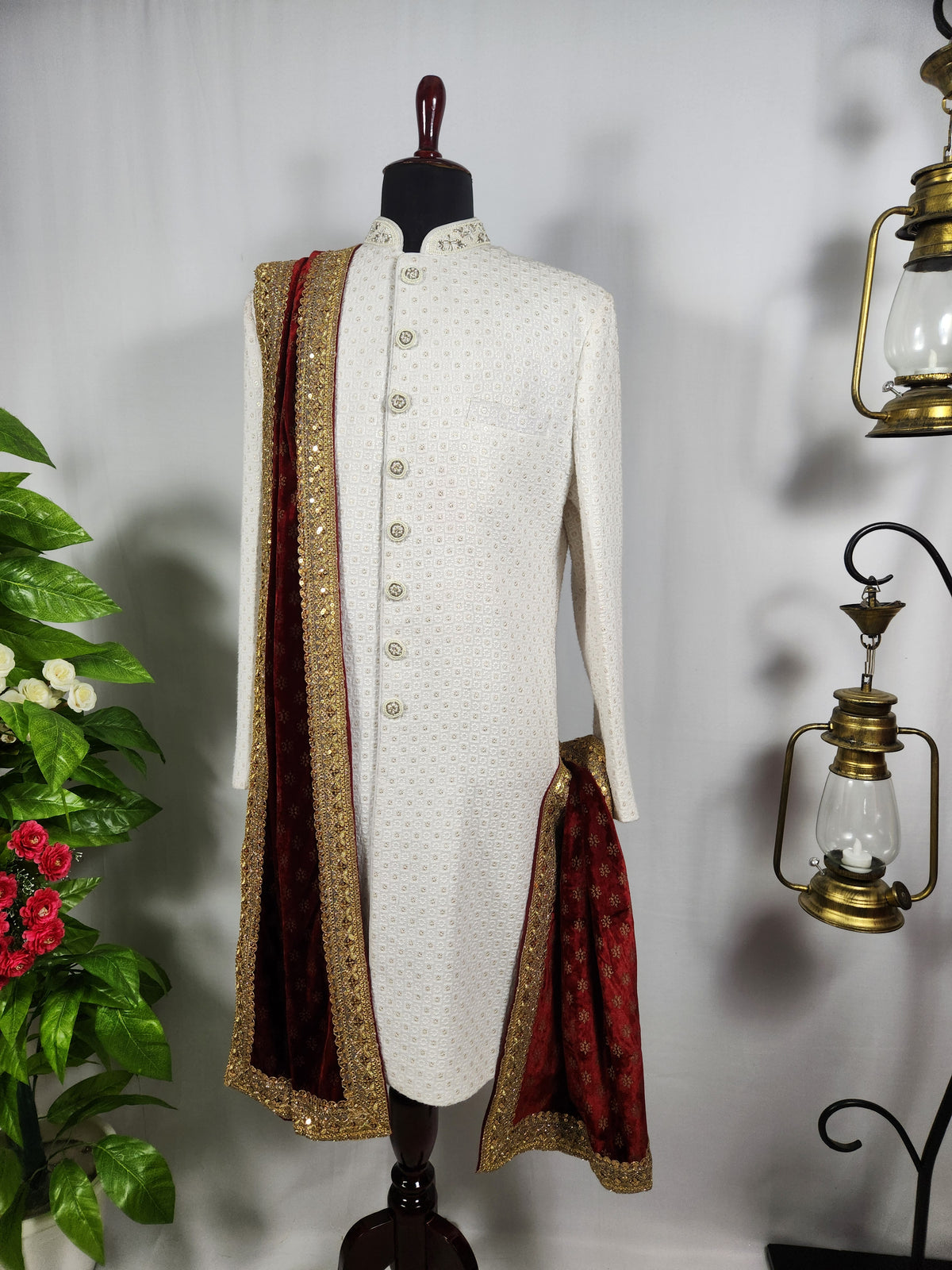 Red Groom Shawl - Embroidered Sherwani Stole with Golden Border