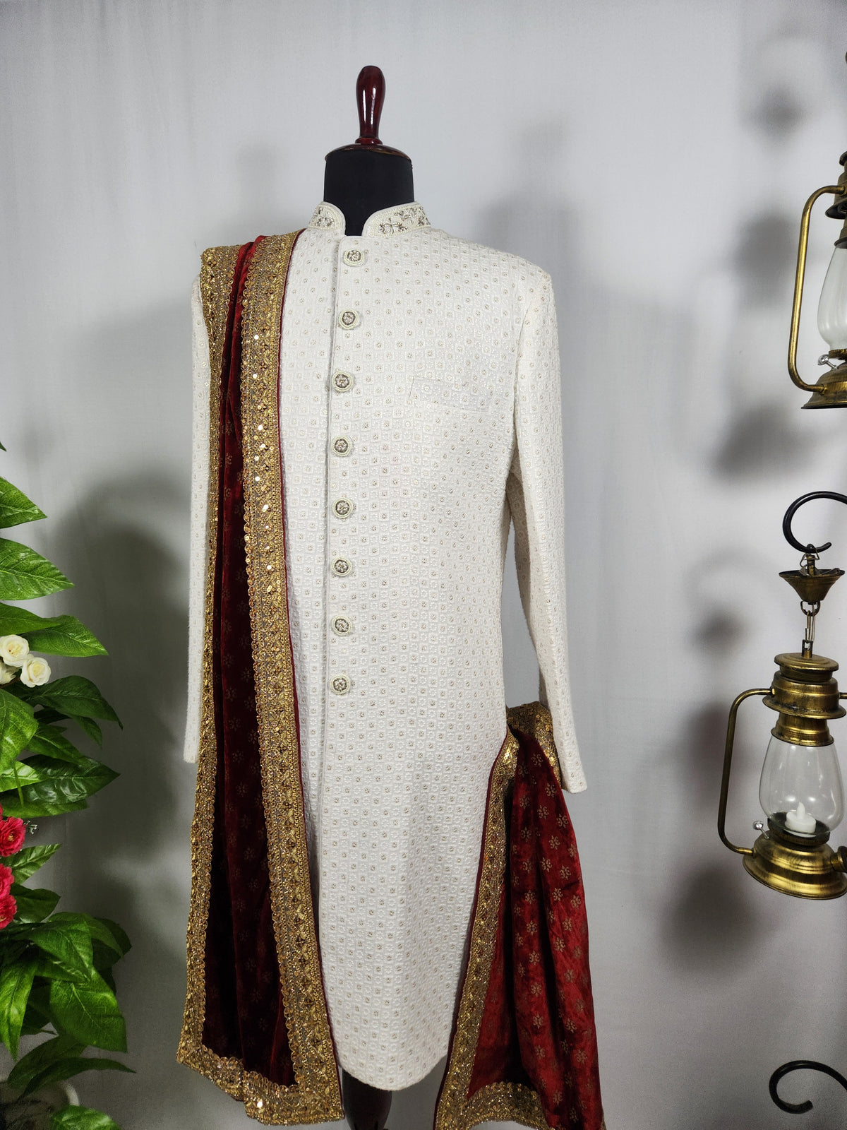 Red Groom Shawl - Embroidered Sherwani Stole with Golden Border