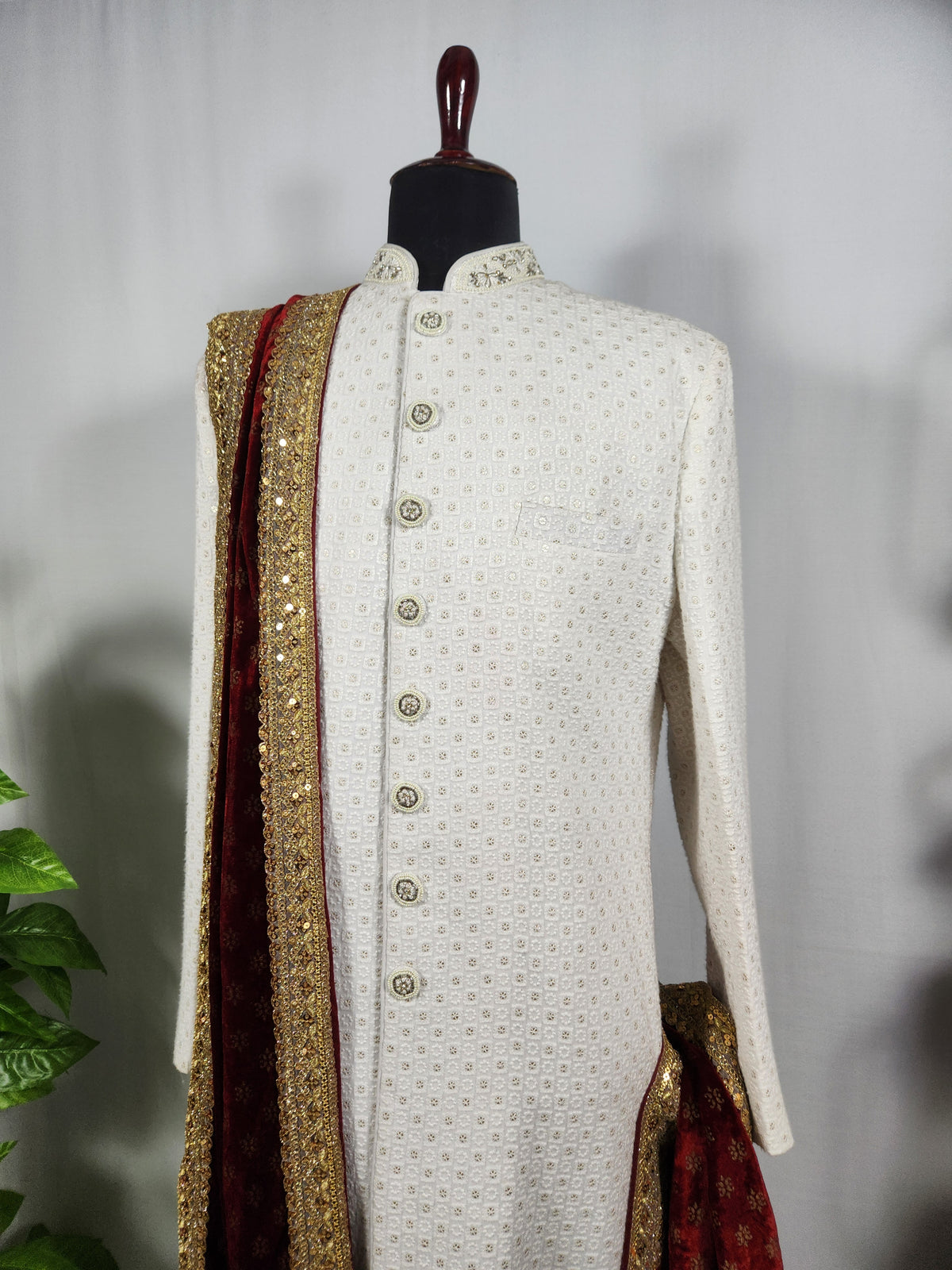 Red Groom Shawl - Embroidered Sherwani Stole with Golden Border