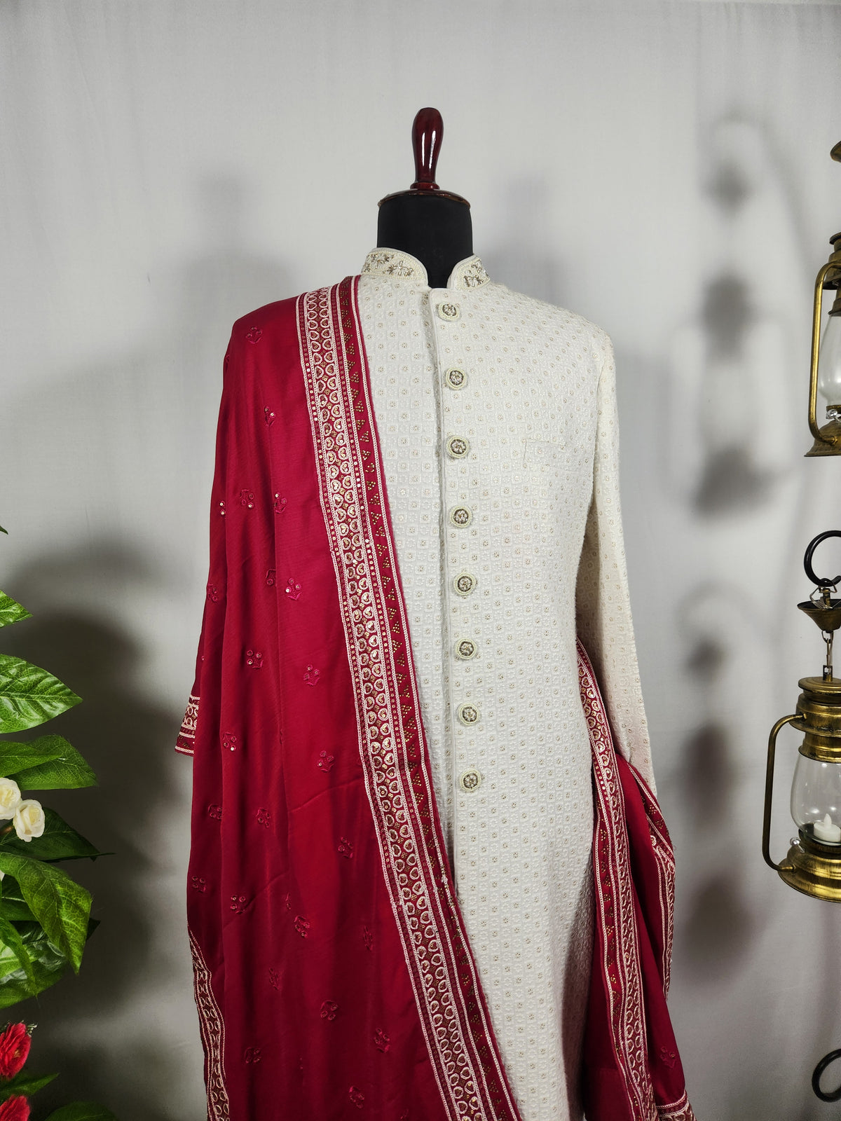 Red Groom Shawl - Embroidered Sherwani Stole