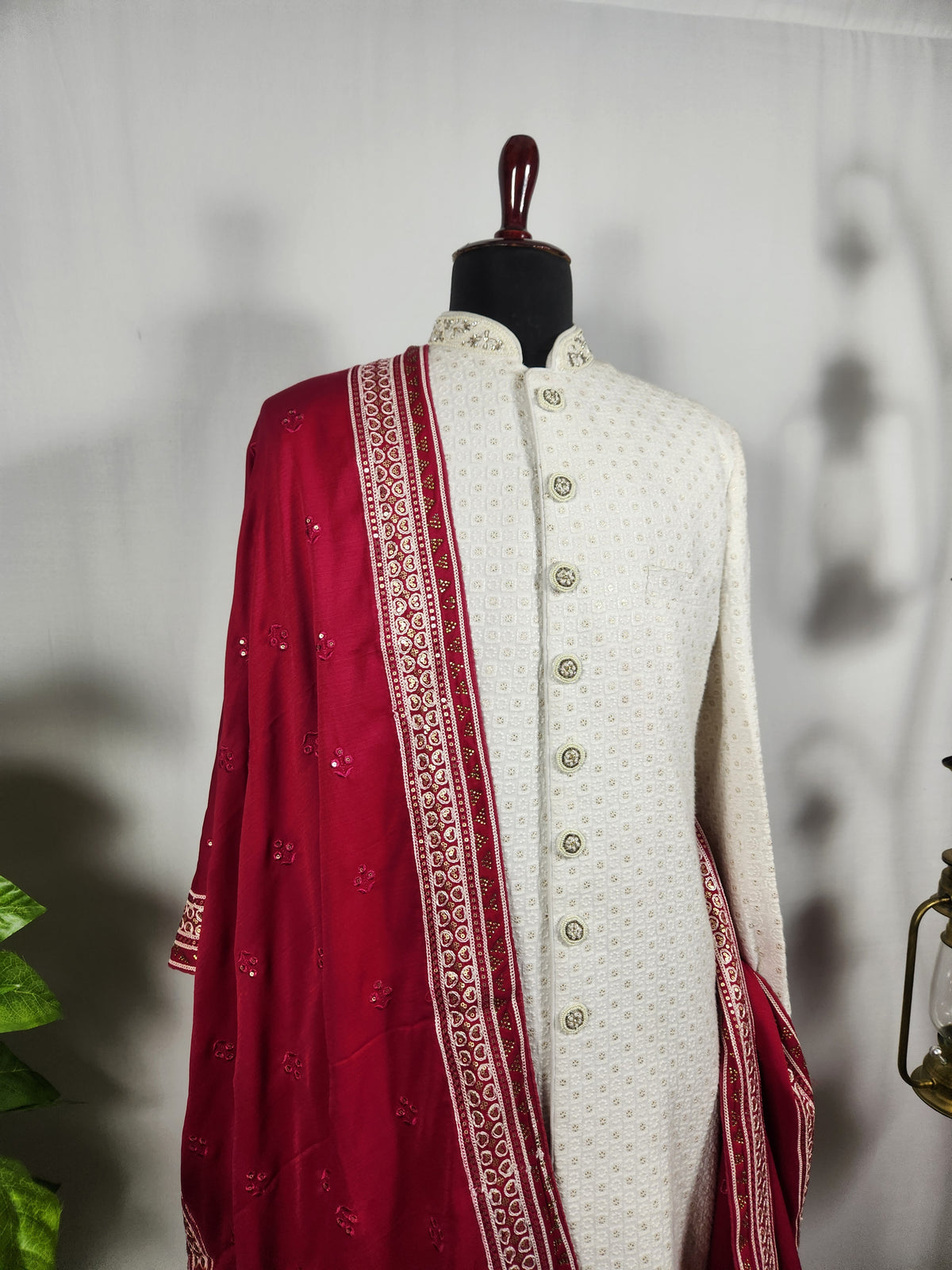 Red Groom Shawl - Embroidered Sherwani Stole