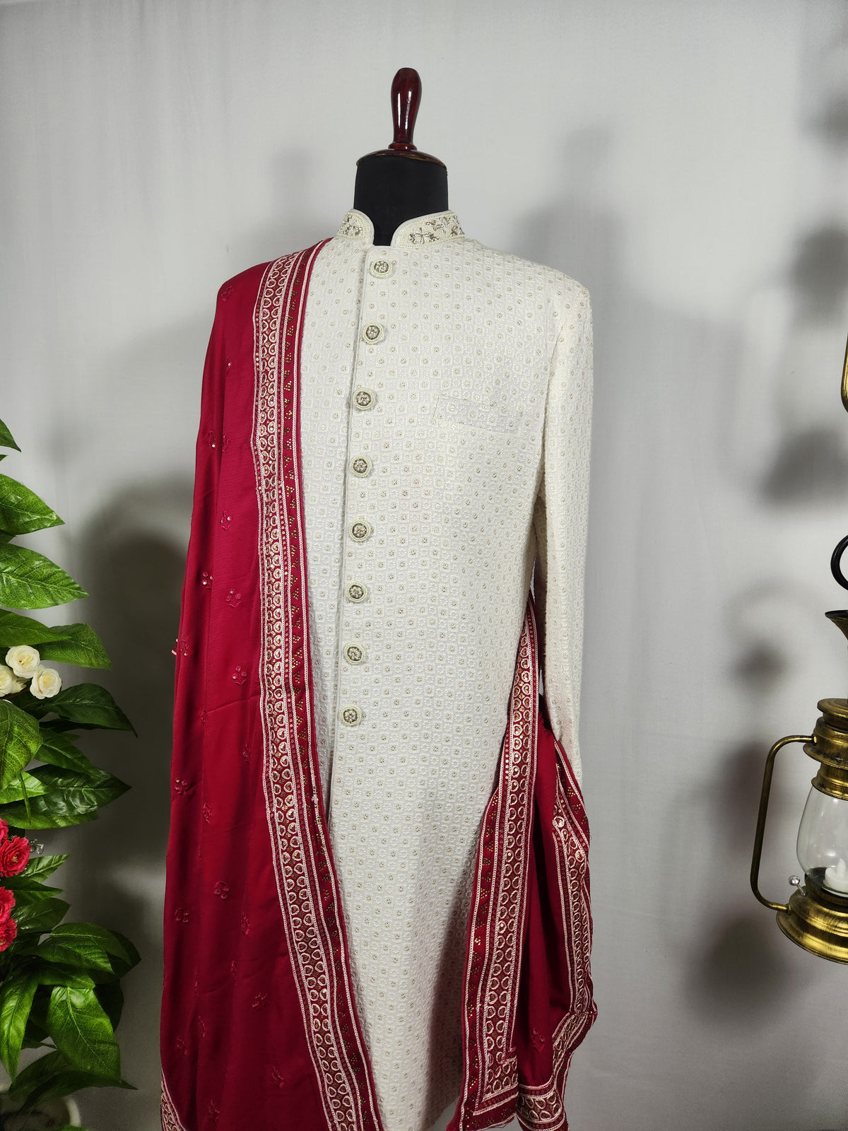 Red Groom Shawl - Embroidered Sherwani Stole