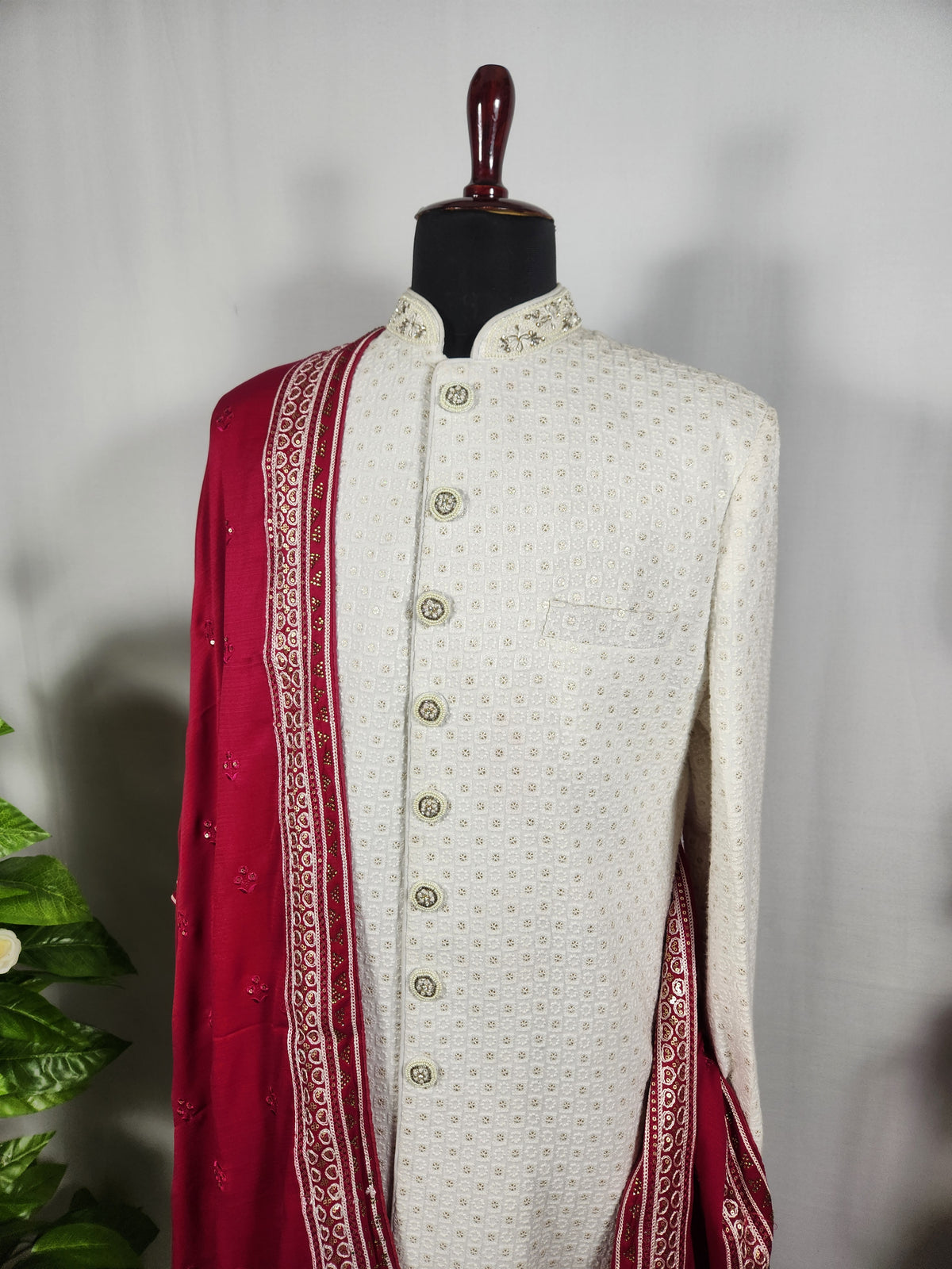 Red Groom Shawl - Embroidered Sherwani Stole
