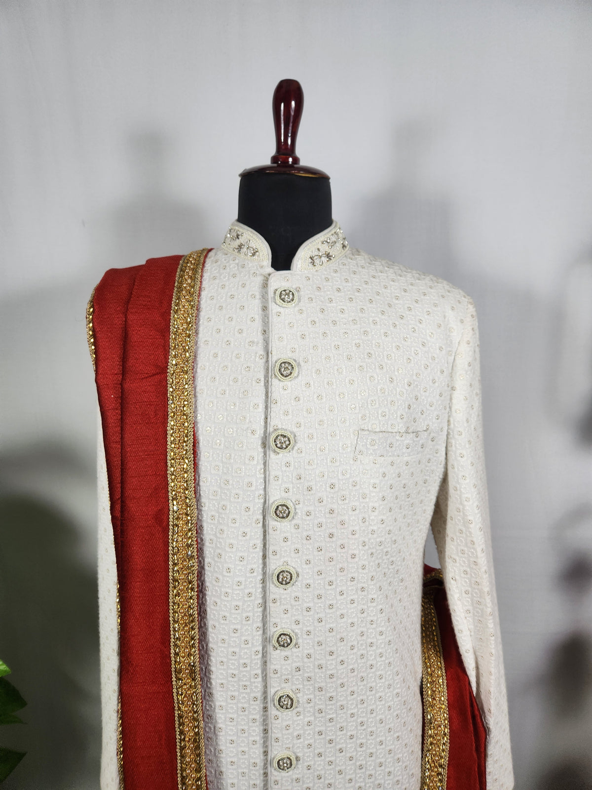 Red Groom Shawl - Embroidered Sherwani Stole
