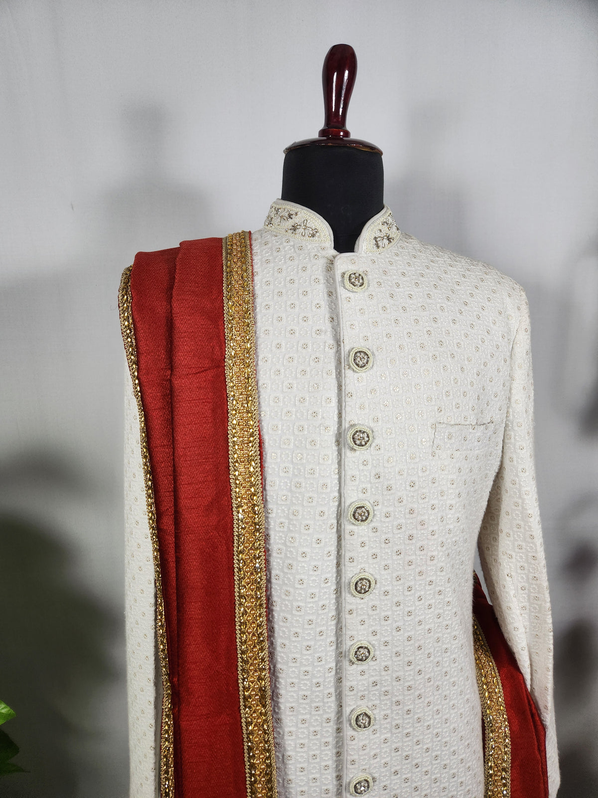 Red Groom Shawl - Embroidered Sherwani Stole