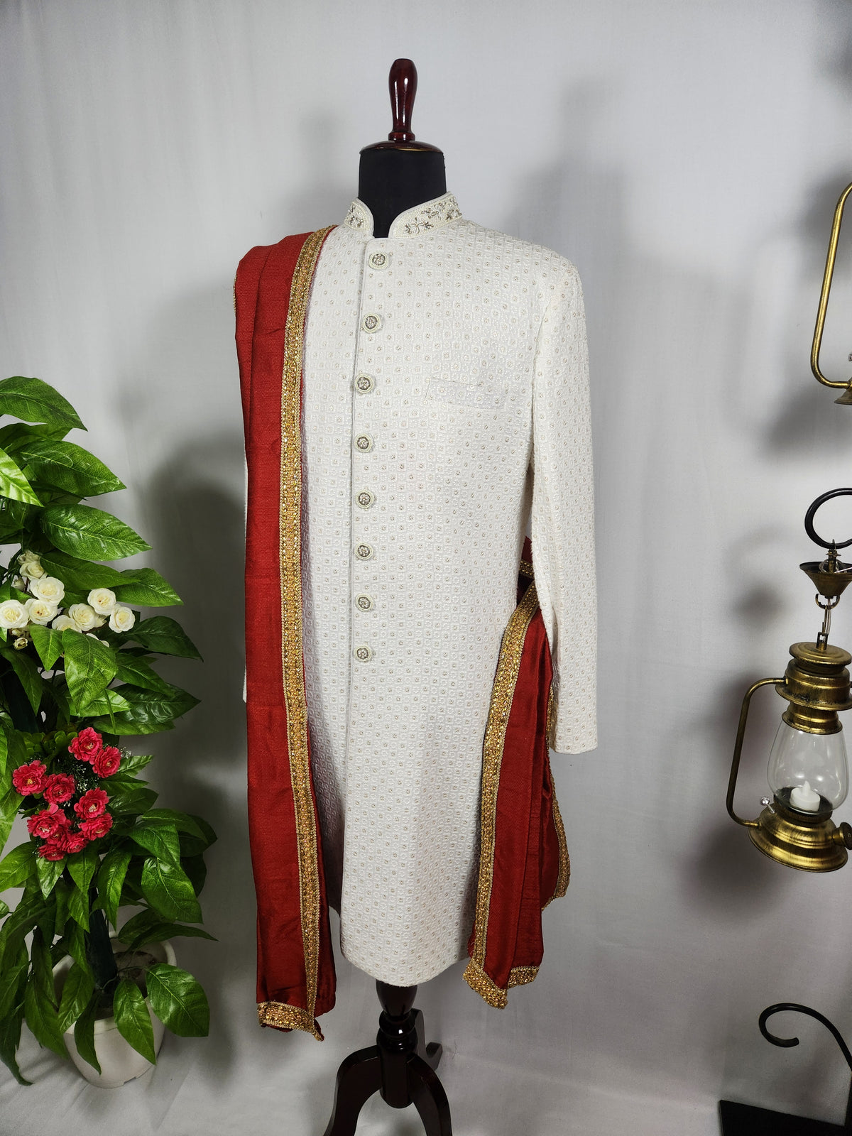 Red Groom Shawl - Embroidered Sherwani Stole