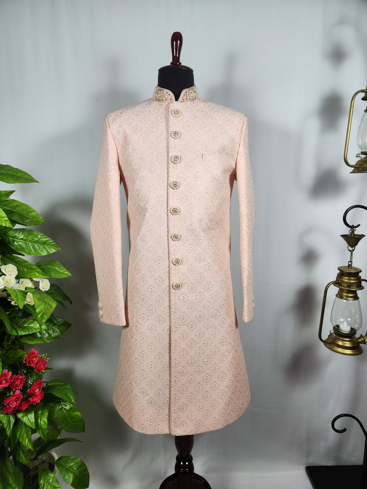 Peach Wedding Groom Sherwani - Golden Sequence Work | Sherwani For Men