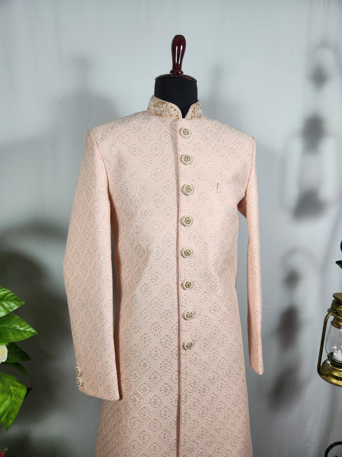 Peach Wedding Groom Sherwani - Golden Sequence Work | Sherwani For Men