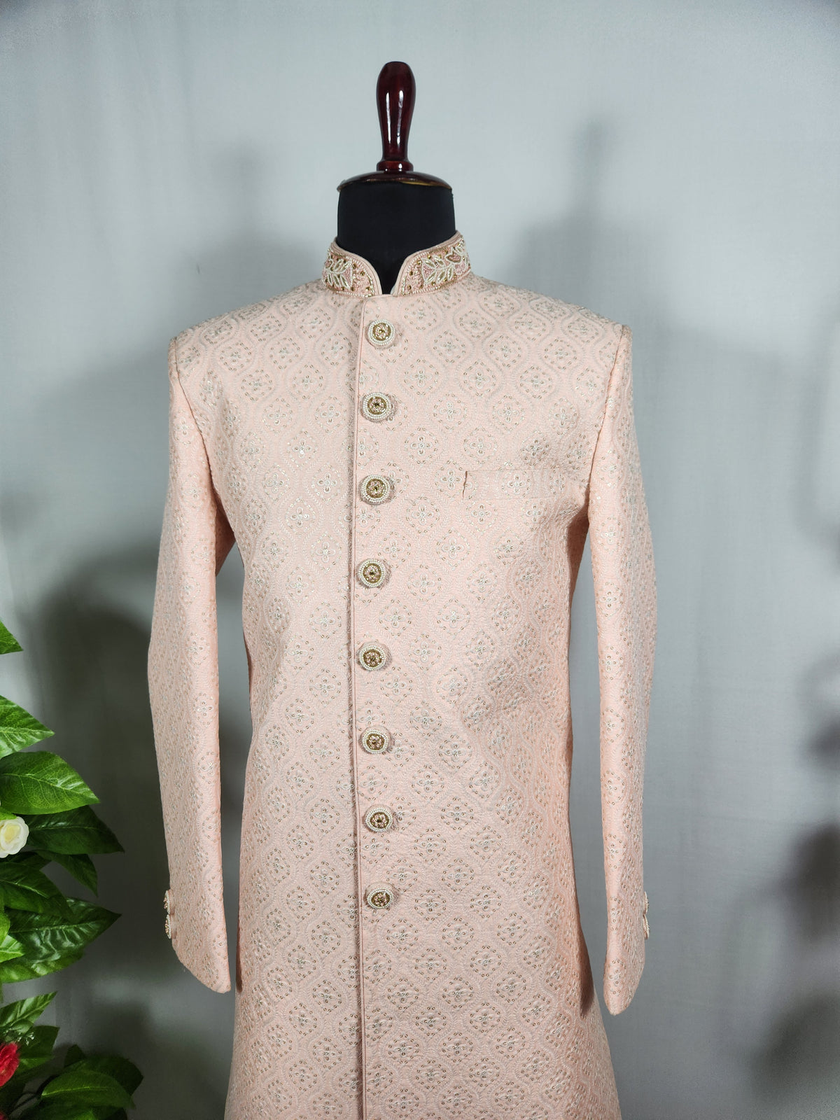 Peach Wedding Groom Sherwani - Golden Sequence Work | Sherwani For Men