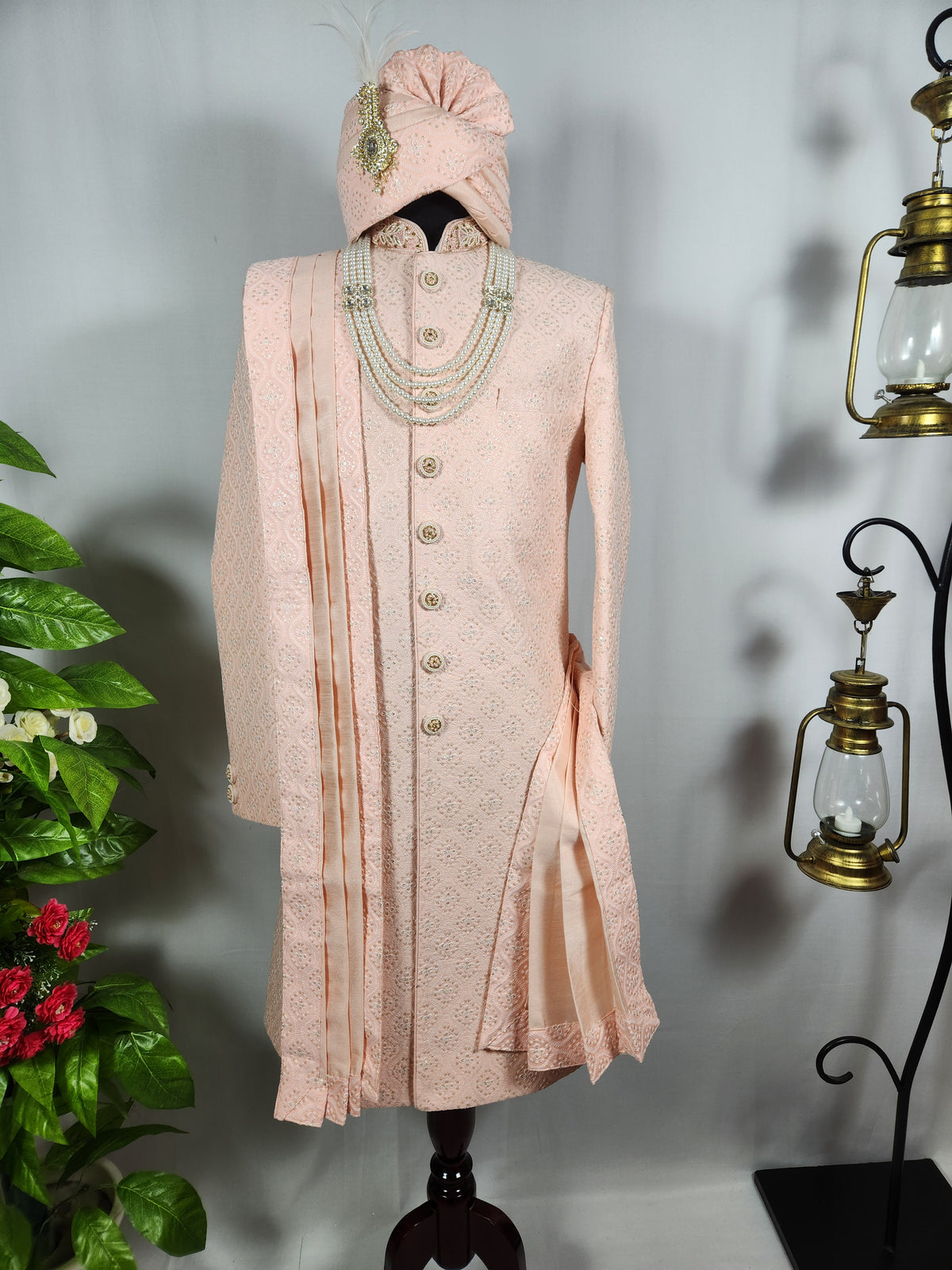 Peach Wedding Groom Sherwani - Golden Sequence Work | Sherwani For Men