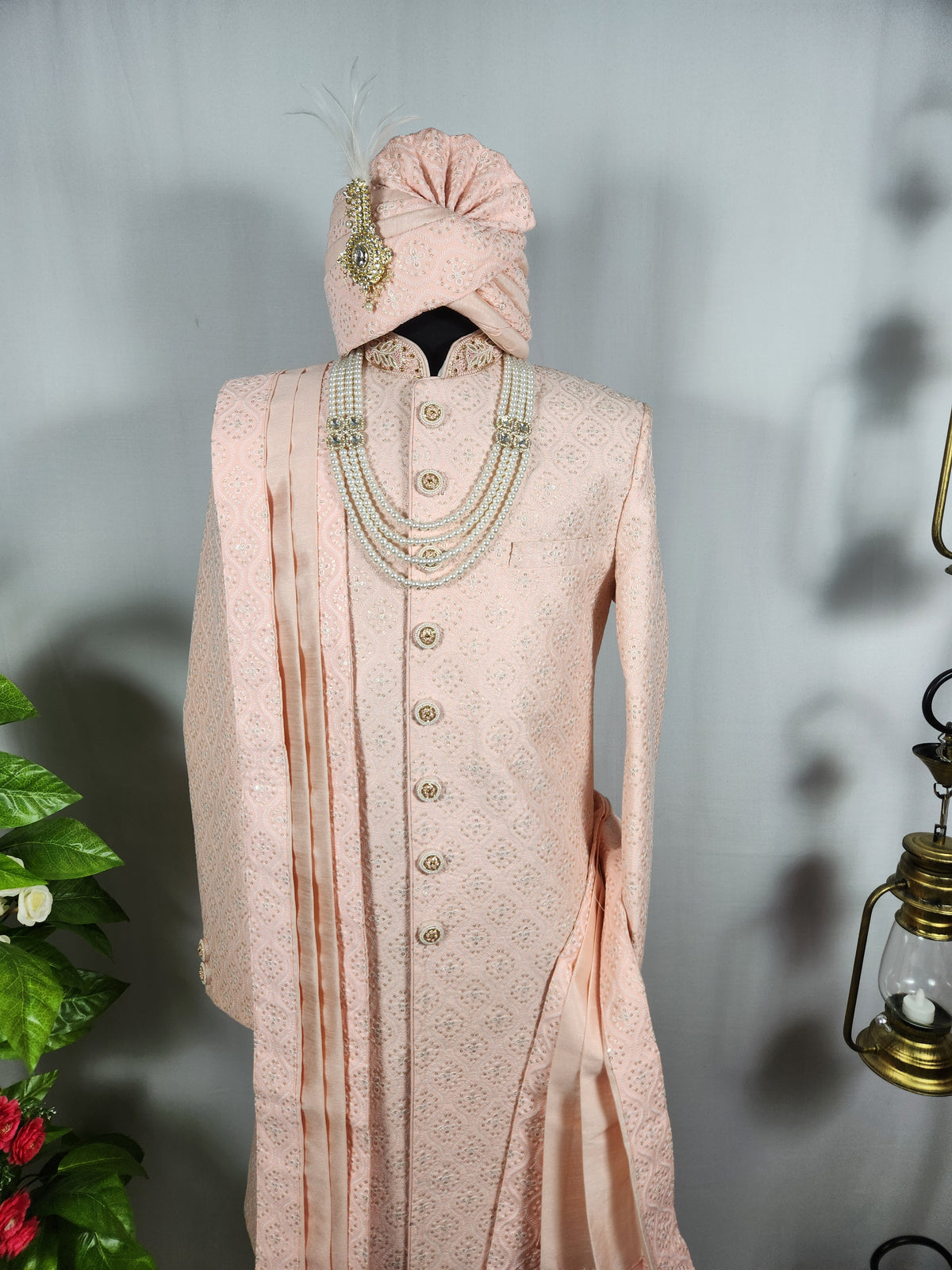 Peach Wedding Groom Sherwani - Golden Sequence Work | Sherwani For Men