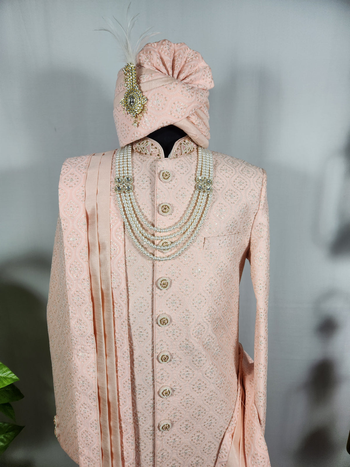 Peach Wedding Groom Sherwani - Golden Sequence Work | Sherwani For Men