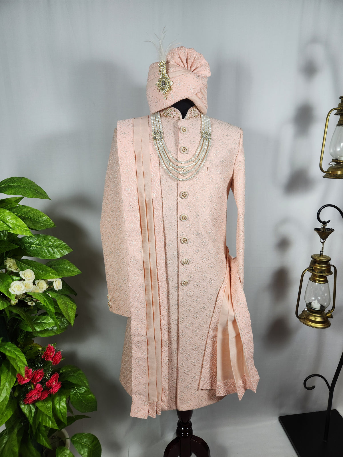 Peach Wedding Groom Sherwani - Golden Sequence Work | Sherwani For Men
