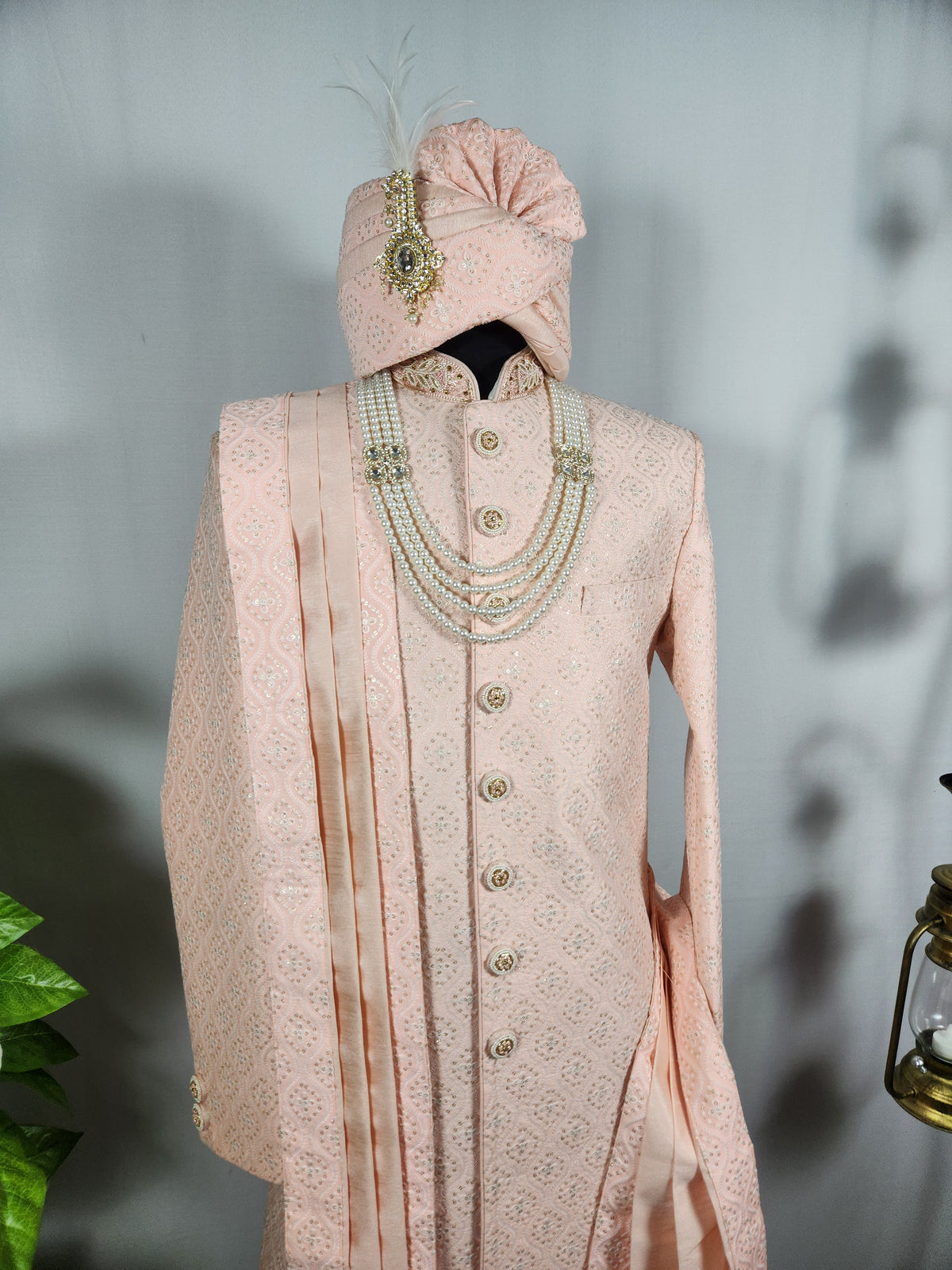 Peach Wedding Groom Sherwani - Golden Sequence Work | Sherwani For Men