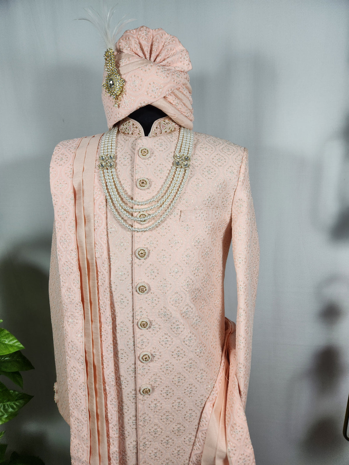 Peach Wedding Groom Sherwani - Golden Sequence Work | Sherwani For Men