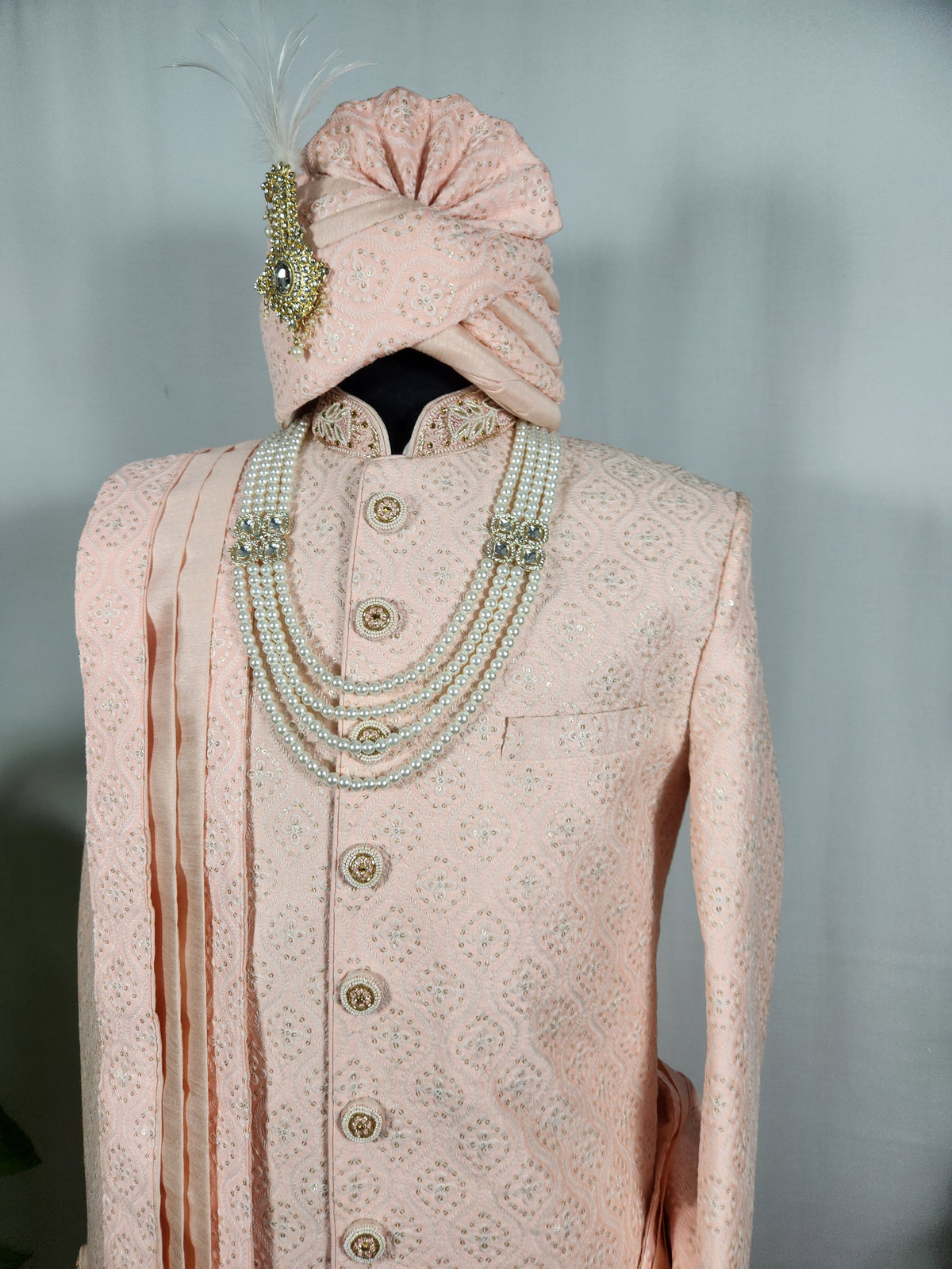 Peach Wedding Groom Sherwani - Golden Sequence Work | Sherwani For Men