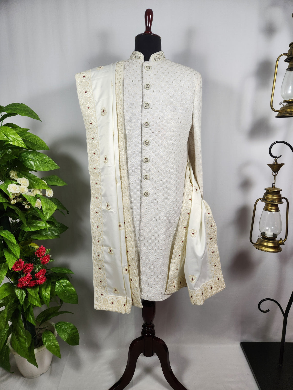 White Wedding Shawl for Groom - Embroidered Sherwani Stole with Red Touch