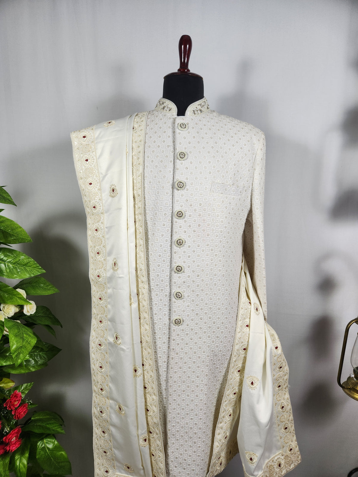 White Wedding Shawl for Groom - Embroidered Sherwani Stole with Red Touch