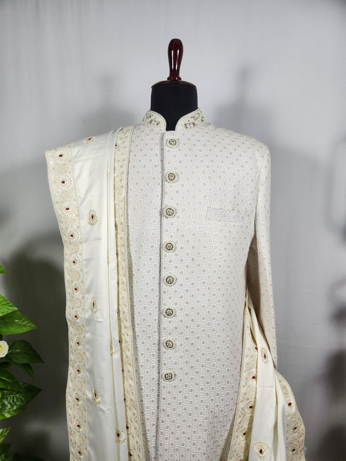 Off White Groom Shawl - Red Touch Up | Shawl For Men