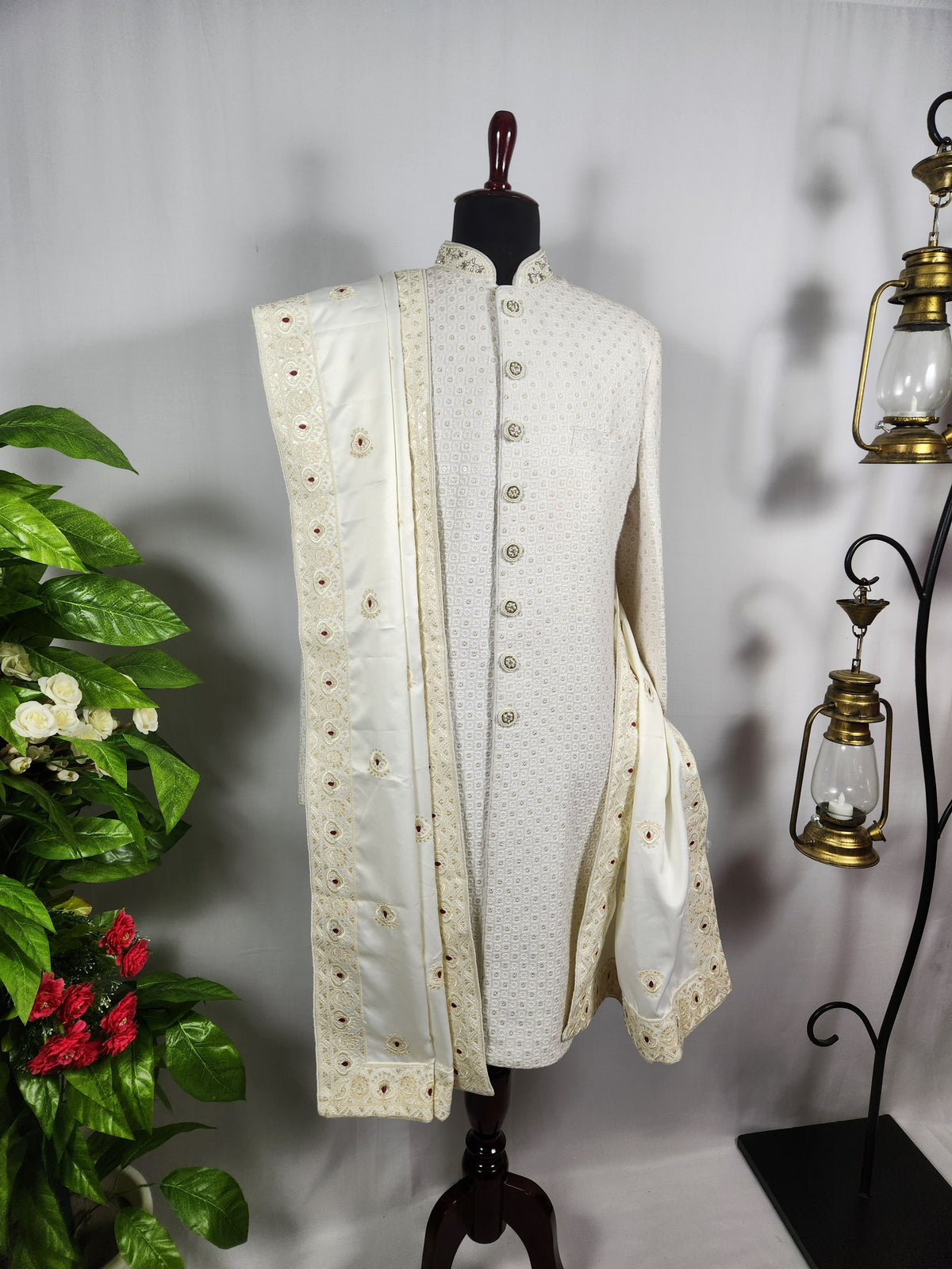 White Wedding Shawl for Groom - Embroidered Sherwani Stole with Red Touch