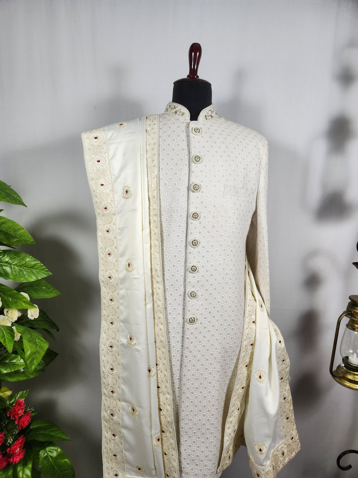 White Wedding Shawl for Groom - Embroidered Sherwani Stole with Red Touch