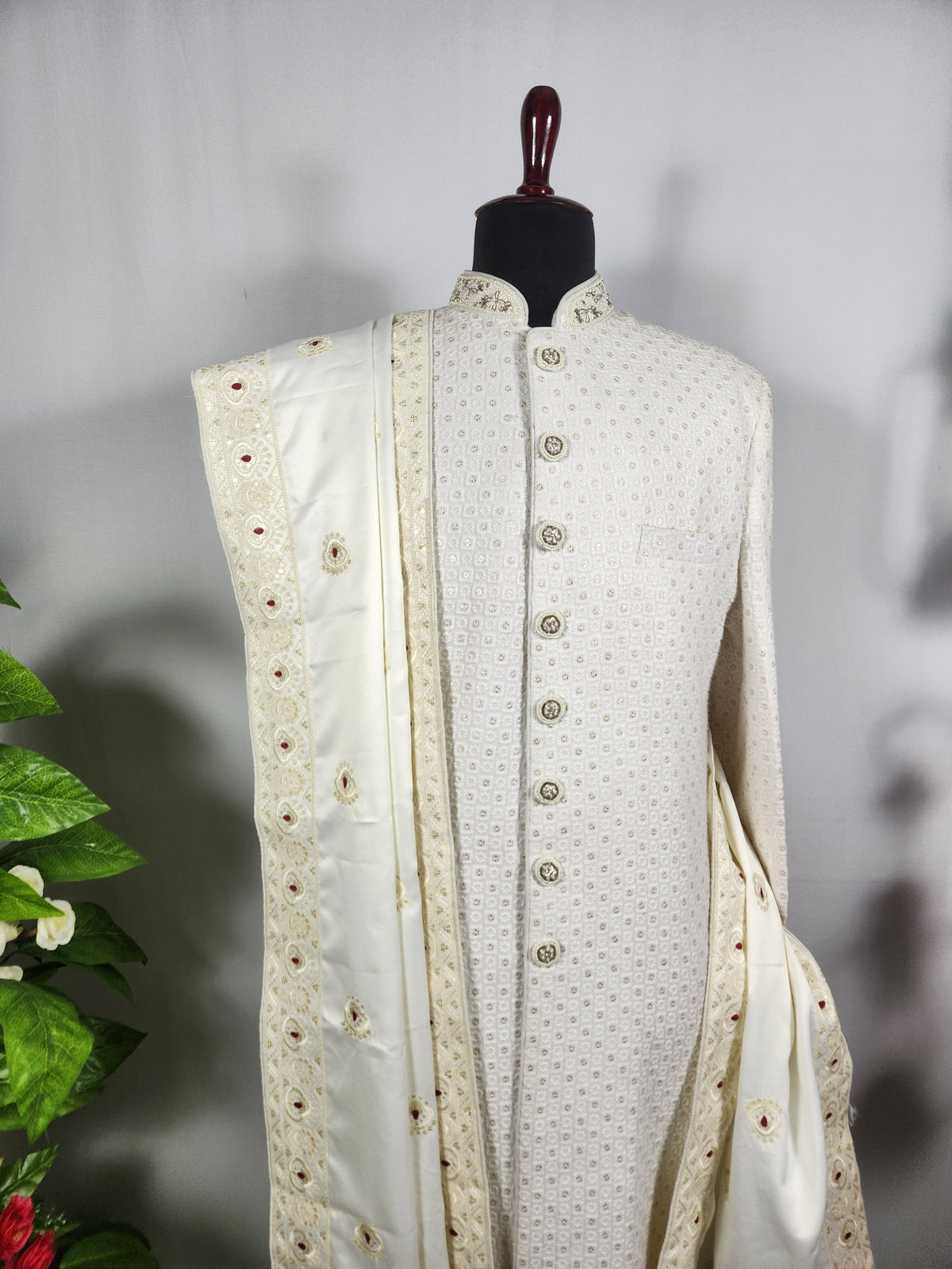 Off White Groom Shawl - Red Touch Up | Shawl For Men