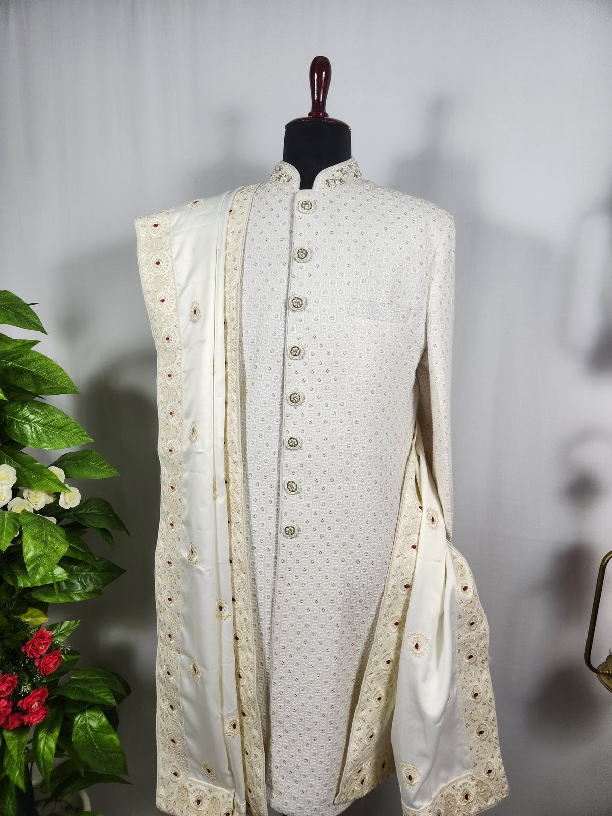 White Wedding Shawl for Groom - Embroidered Sherwani Stole with Red Touch
