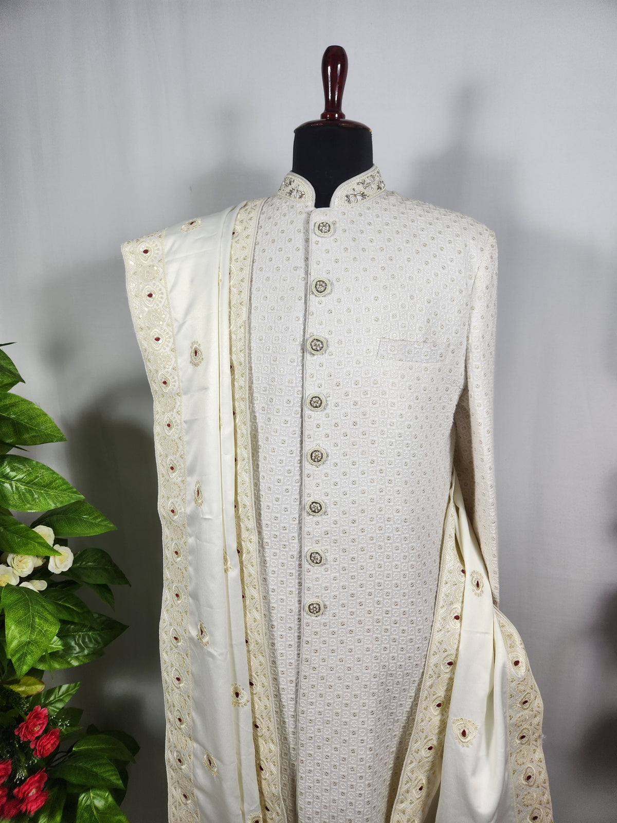 Off White Groom Shawl - Red Touch Up | Shawl For Men