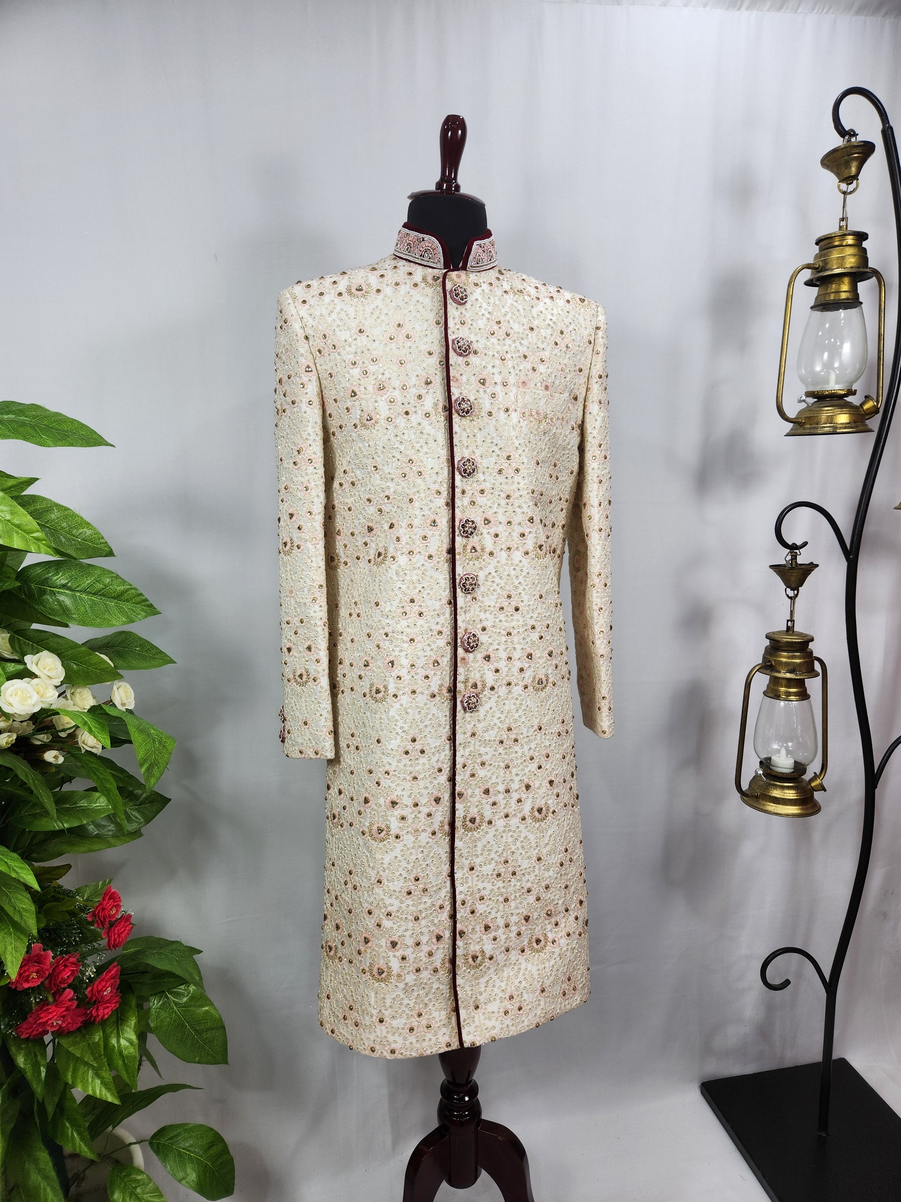White Wedding Groom Sherwani - Beads, Glass Work | Sherwani For Men