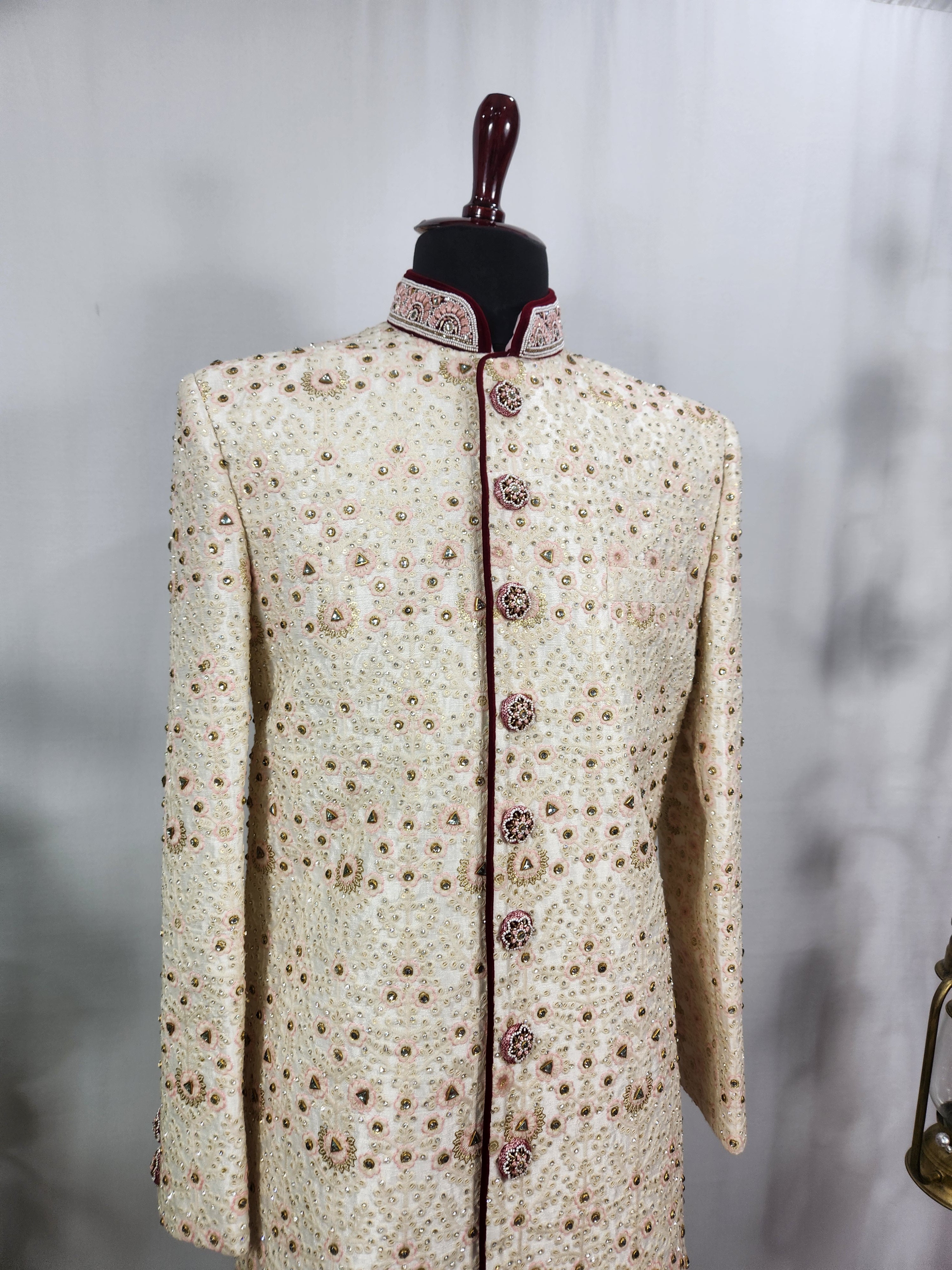 White Wedding Groom Sherwani - Beads, Glass Work | Sherwani For Men