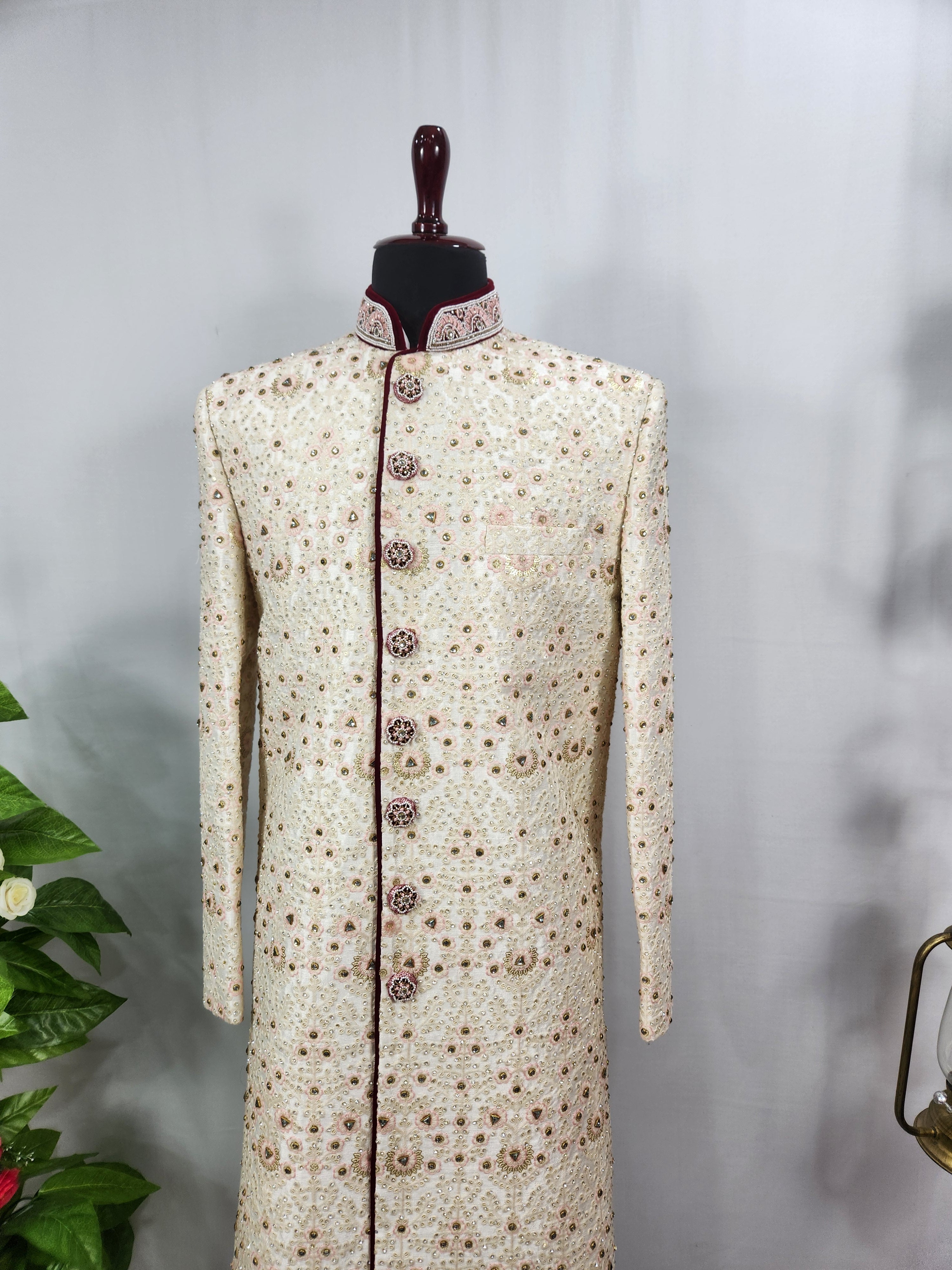 White Wedding Groom Sherwani - Beads, Glass Work | Sherwani For Men