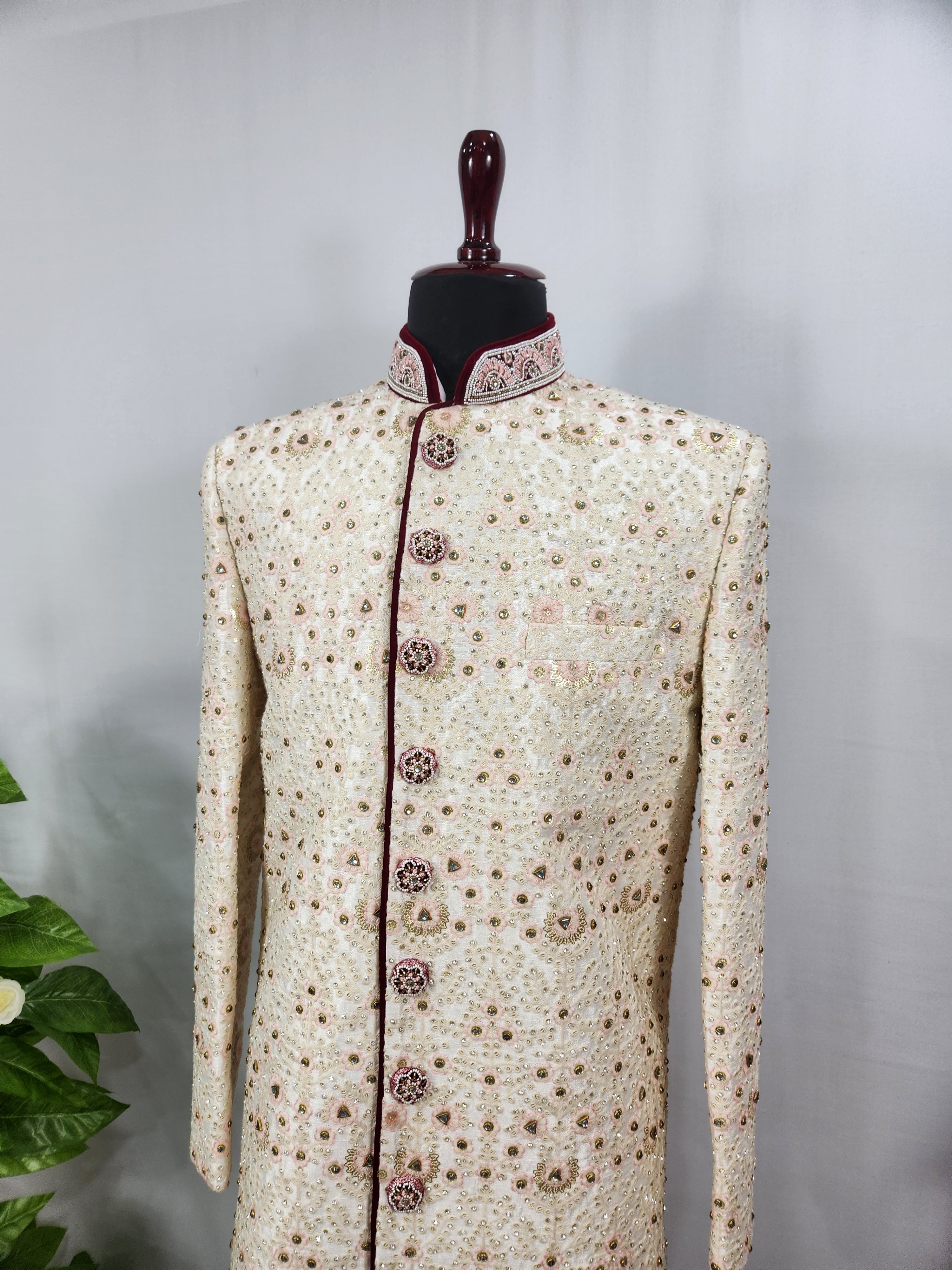 White Wedding Groom Sherwani - Beads, Glass Work | Sherwani For Men