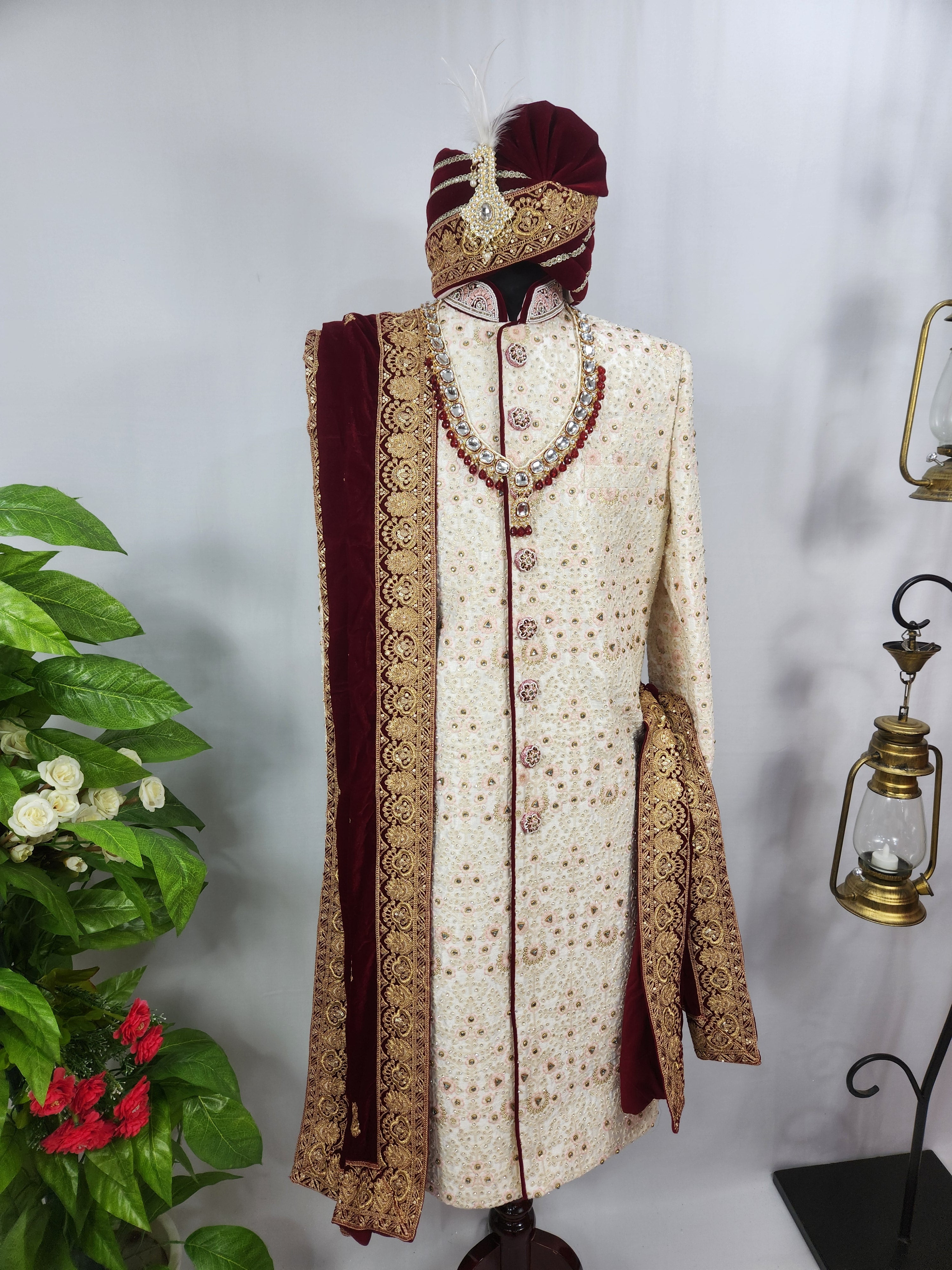 White Wedding Groom Sherwani - Beads, Glass Work | Sherwani For Men