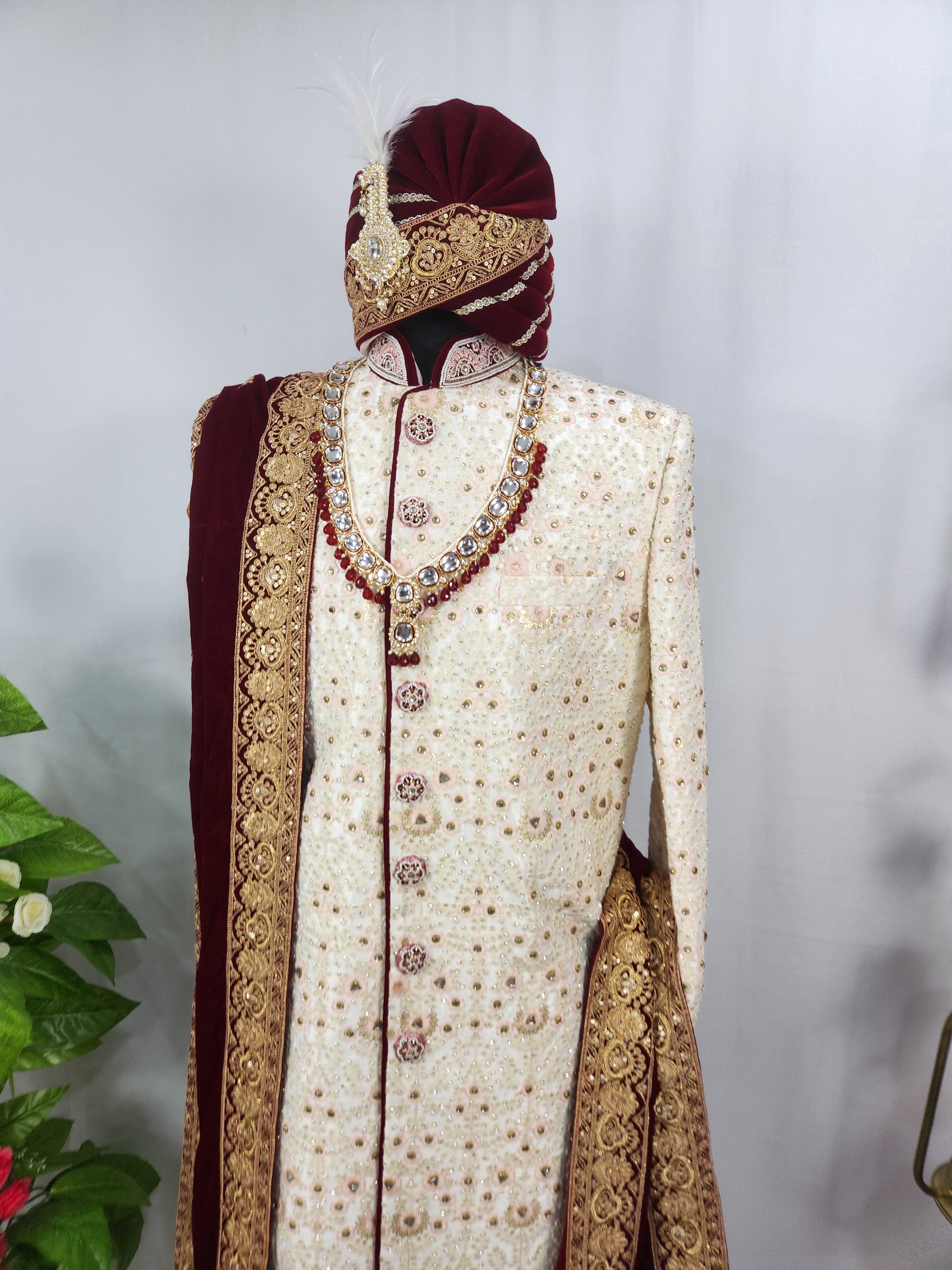White Wedding Groom Sherwani - Beads, Glass Work | Sherwani For Men