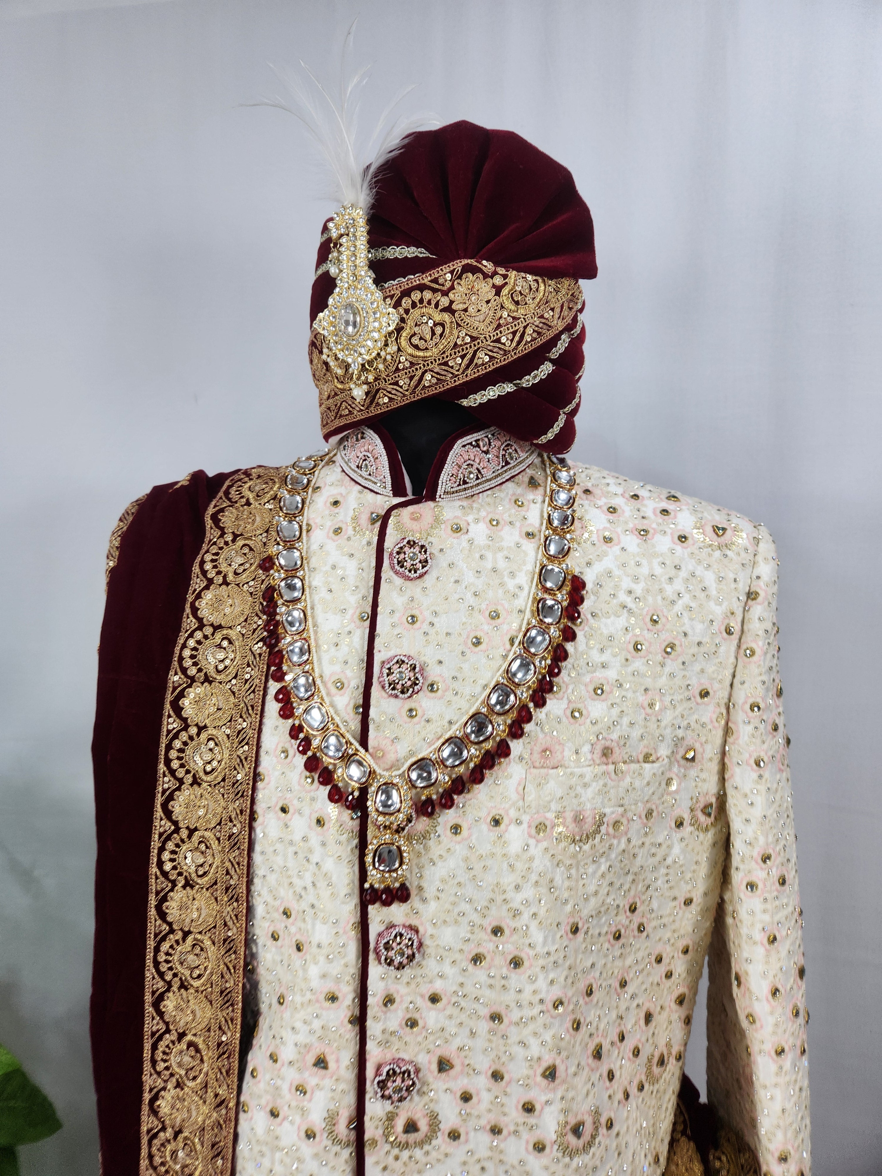 White Wedding Groom Sherwani - Beads, Glass Work | Sherwani For Men