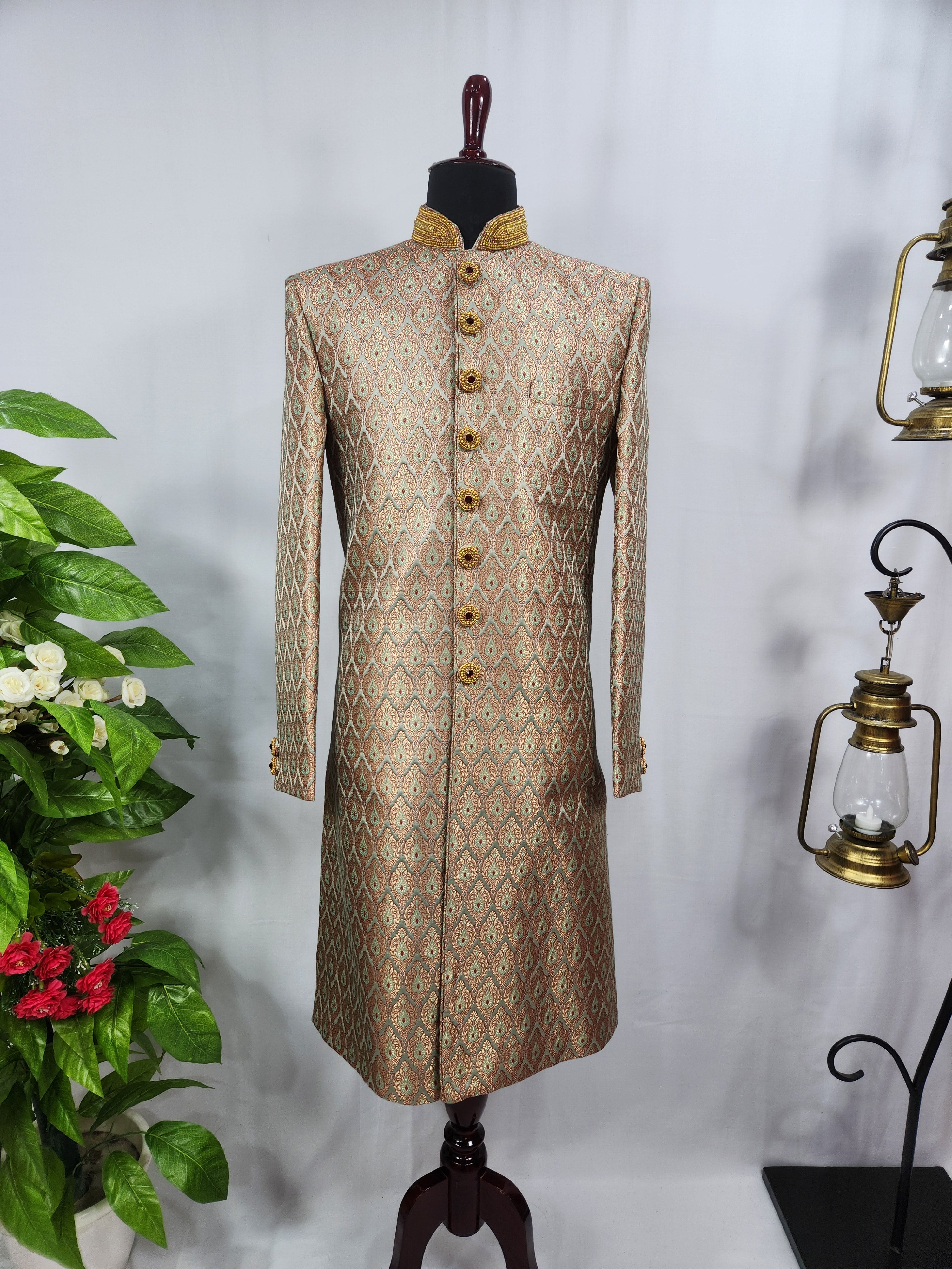 Copper Golden Wedding Groom Sherwani - Antique Work Beads | Sherwani For Men