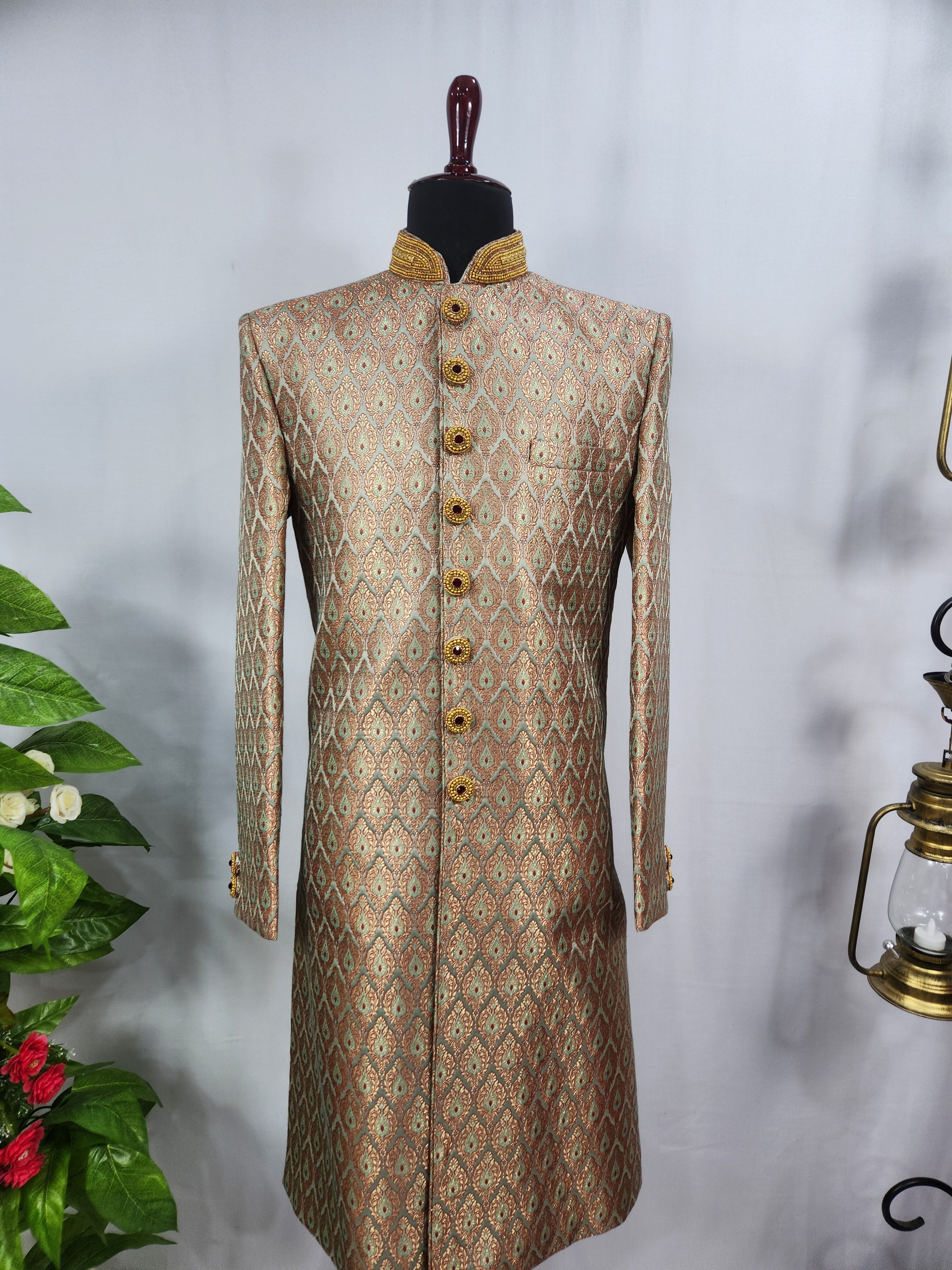 Copper Golden Wedding Groom Sherwani - Antique Work Beads | Sherwani For Men