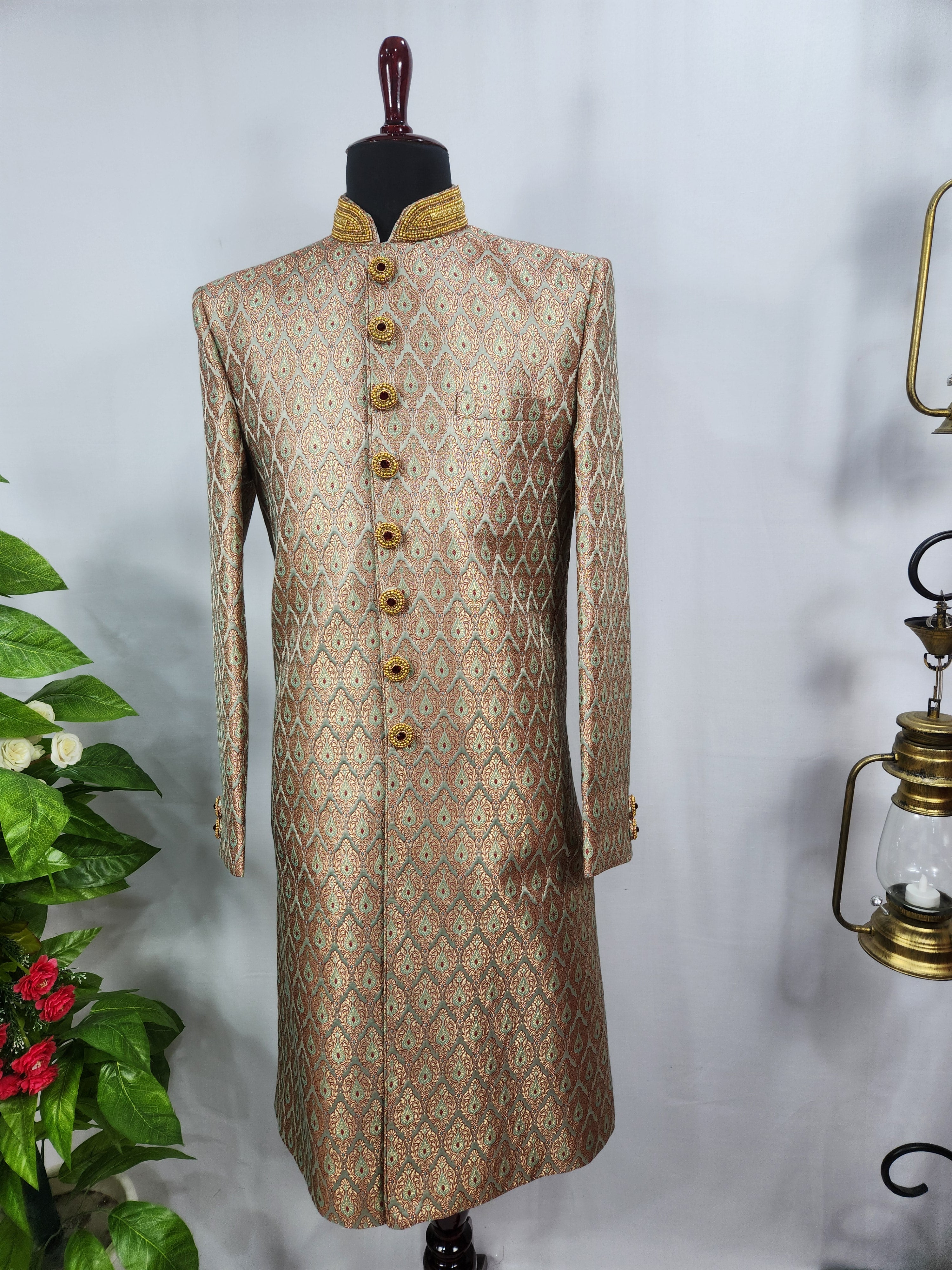 Copper Golden Wedding Groom Sherwani - Antique Work Beads | Sherwani For Men