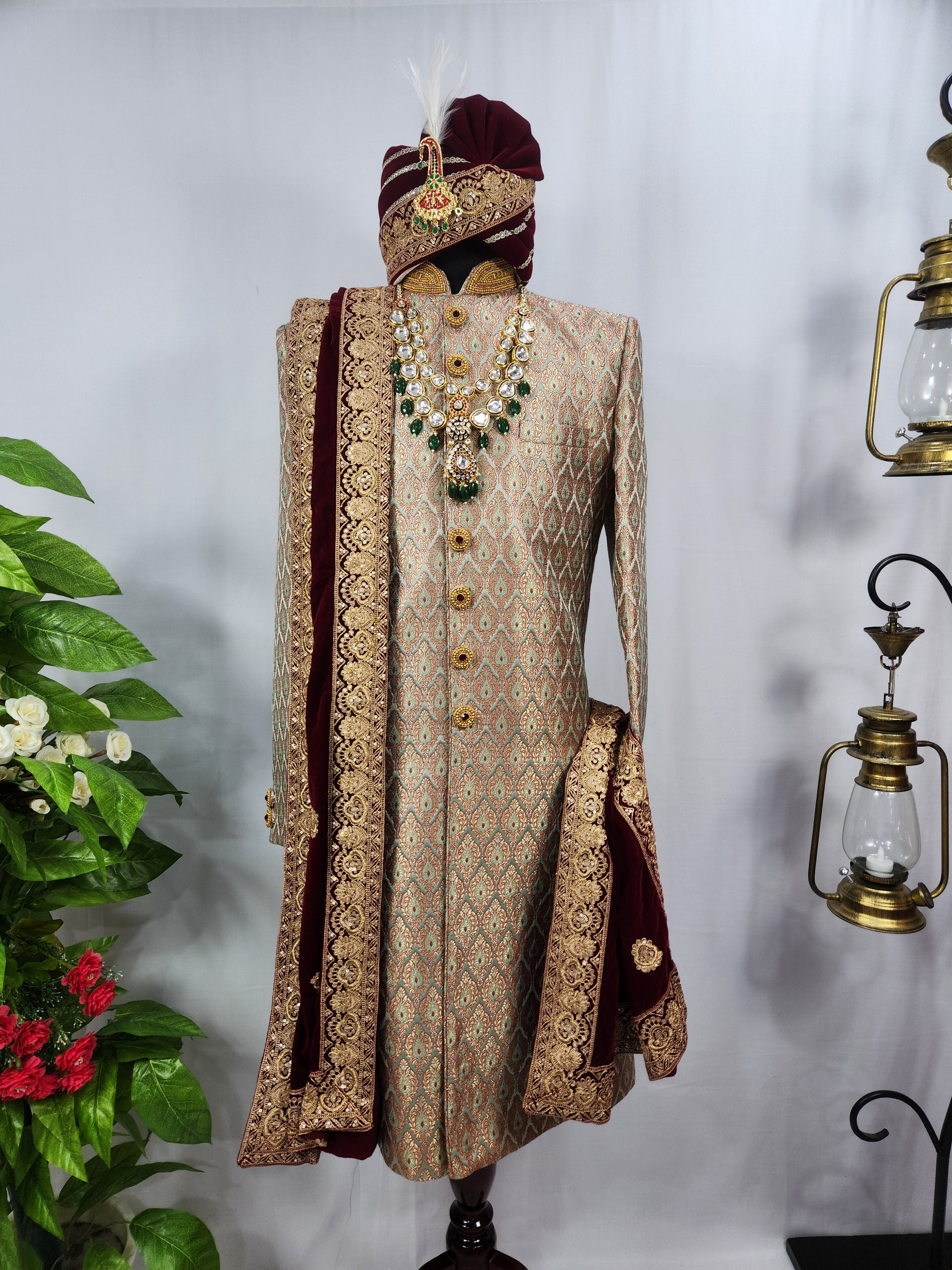Copper Golden Wedding Groom Sherwani - Antique Work Beads | Sherwani For Men