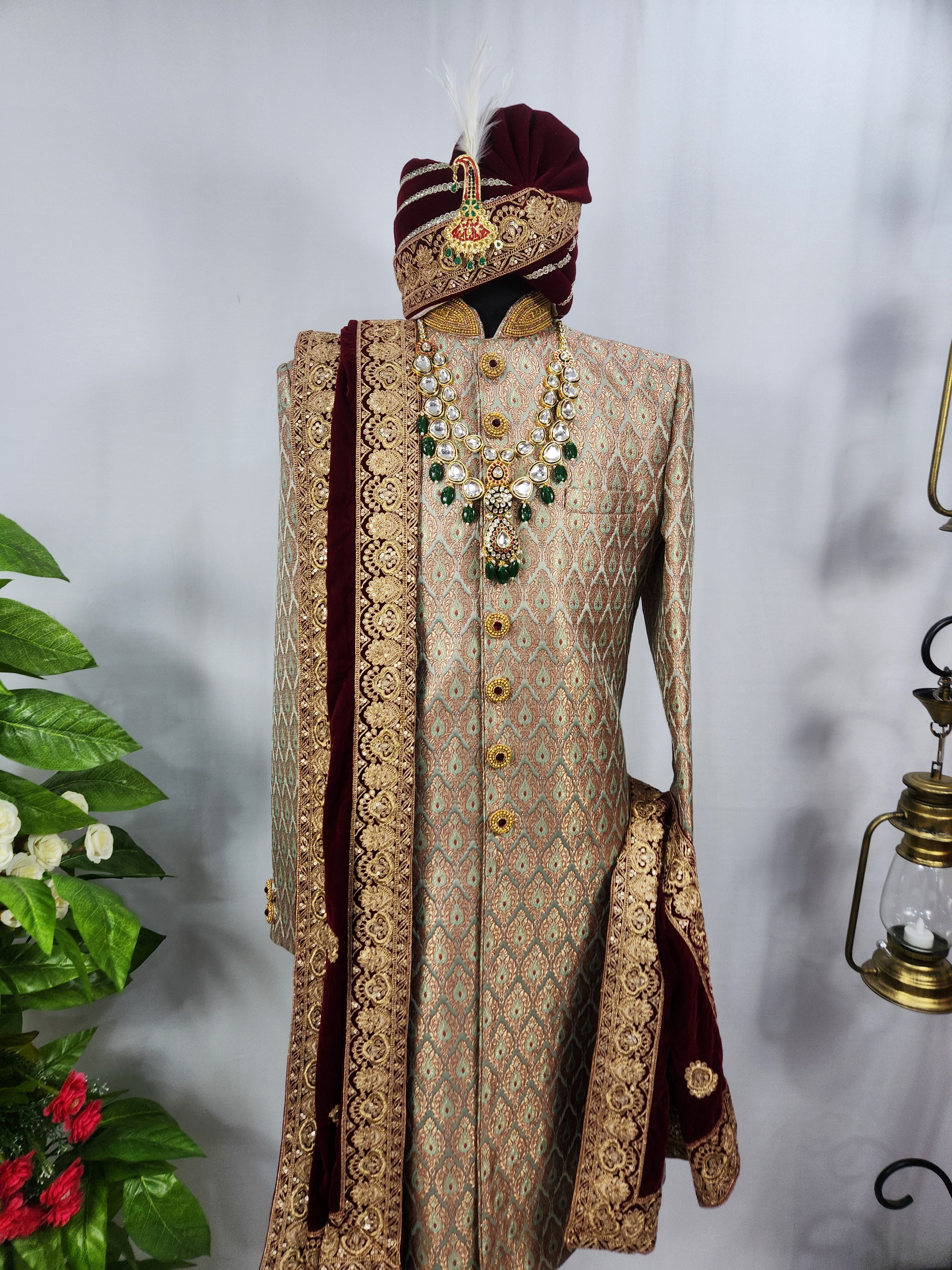 Copper Golden Wedding Groom Sherwani - Antique Work Beads | Sherwani For Men